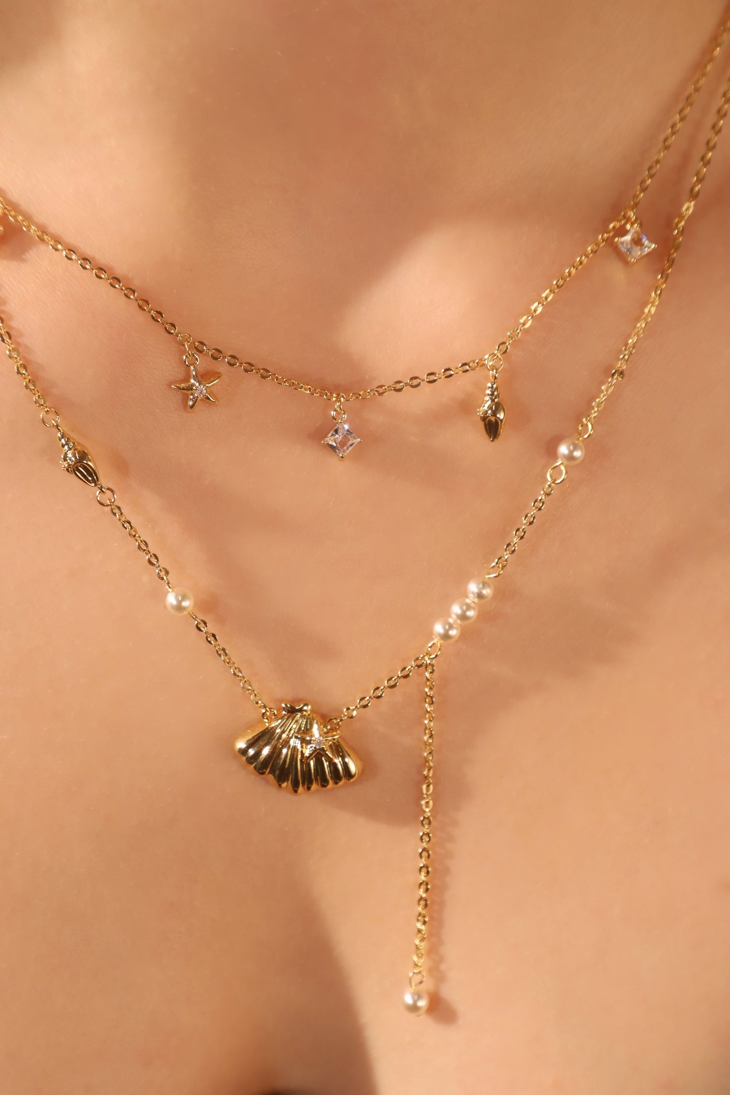 18K Real Gold Plated Shell Starfish Pearls Layer Necklace