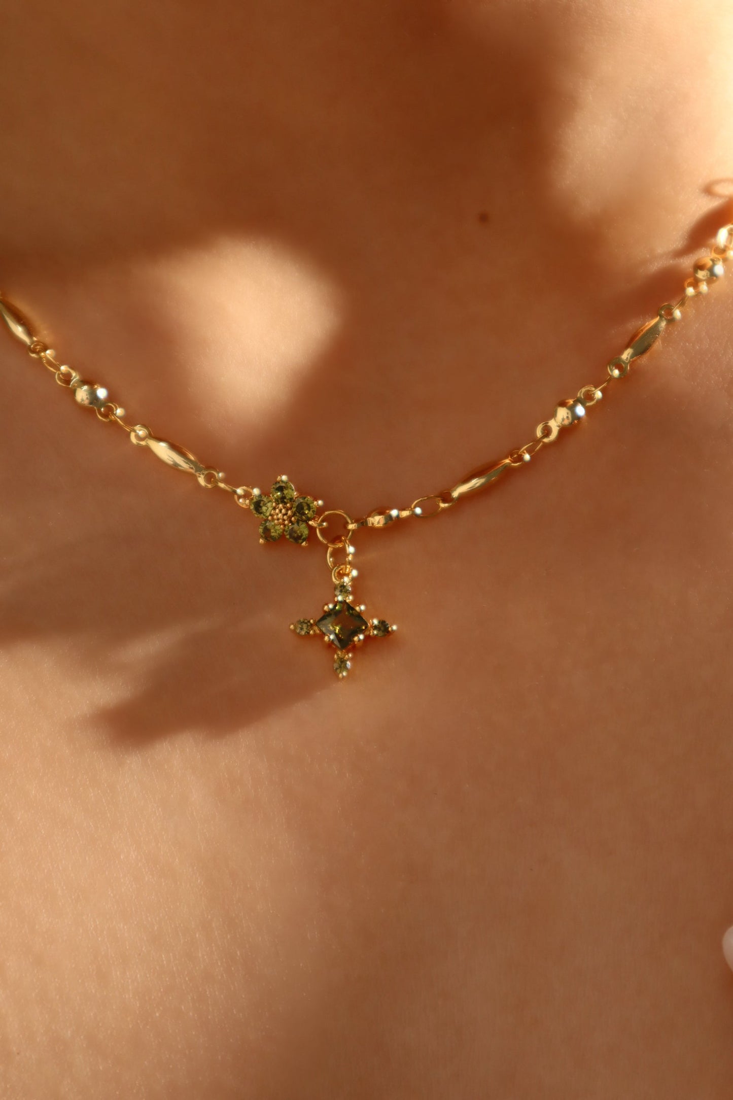 18K Real Gold Plated Green Diamond Cross Necklace