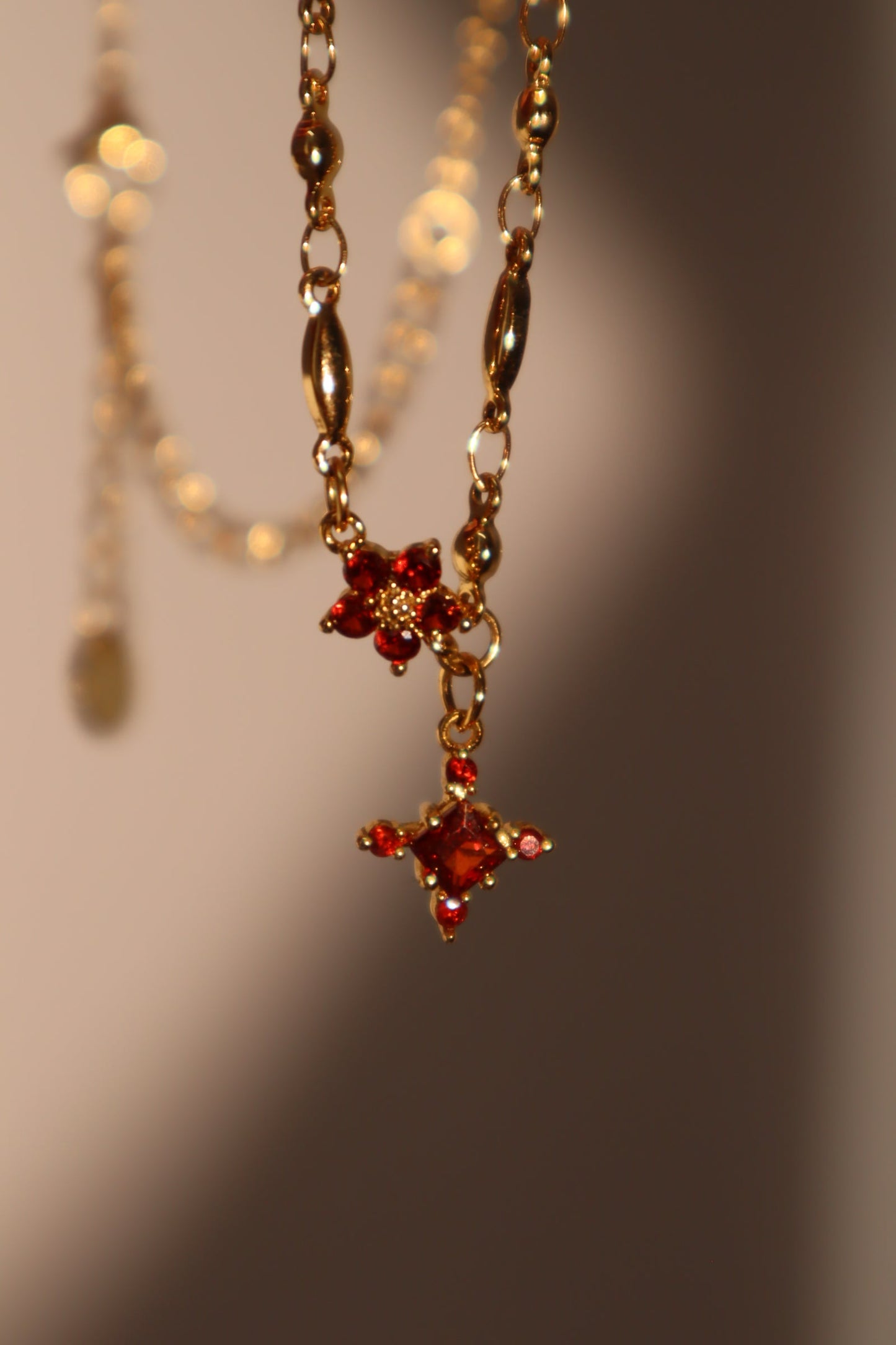 18K Real Gold Plated Garnet Diamond Cross Necklace