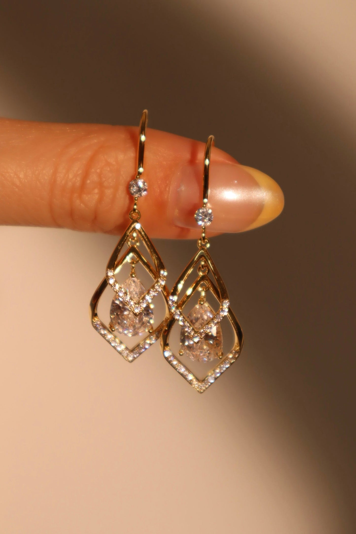 18K Real Gold Plated Diamond Droplet Earrings