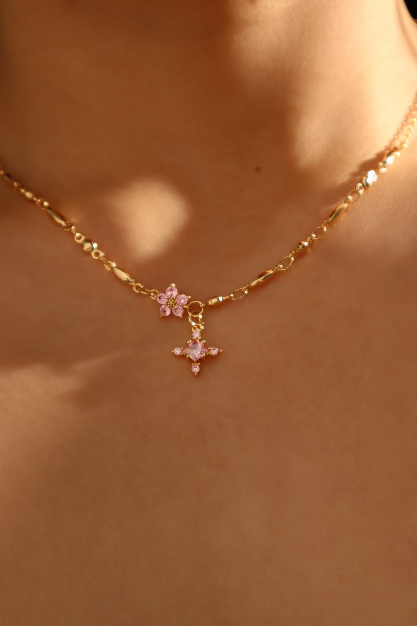 18K Real Gold Plated Pink Diamond Cross Necklace