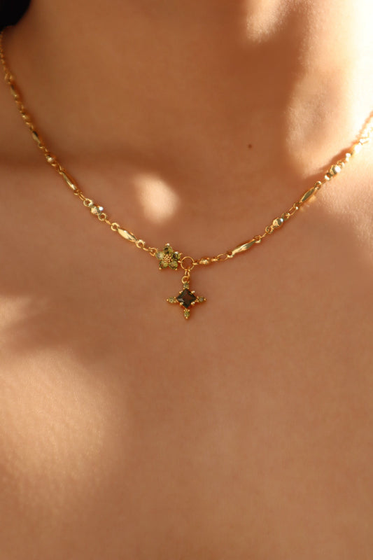 18K Real Gold Plated Green Diamond Cross Necklace