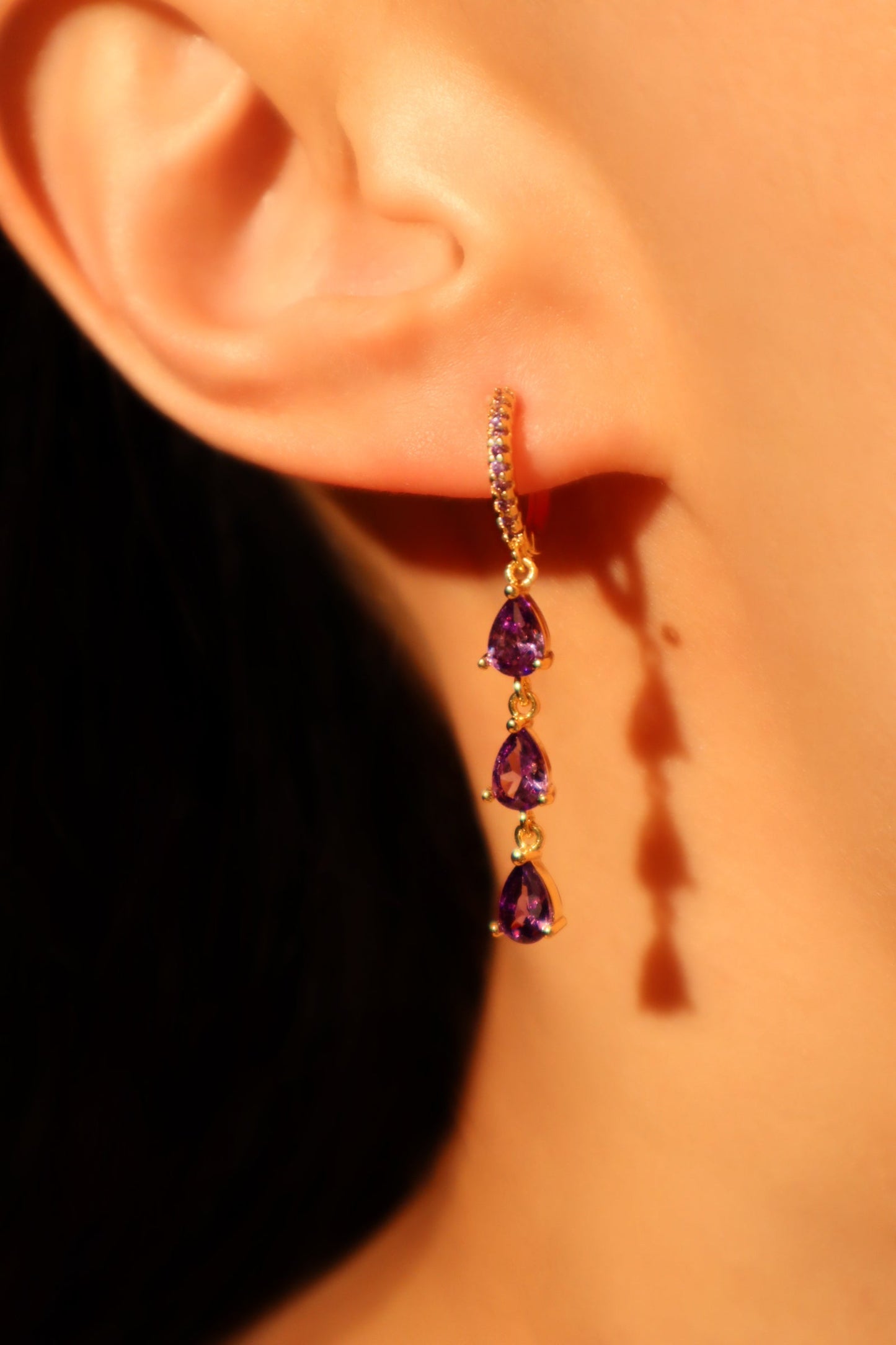 18K Real Gold Plated Purple Gem Water Drop Earrings