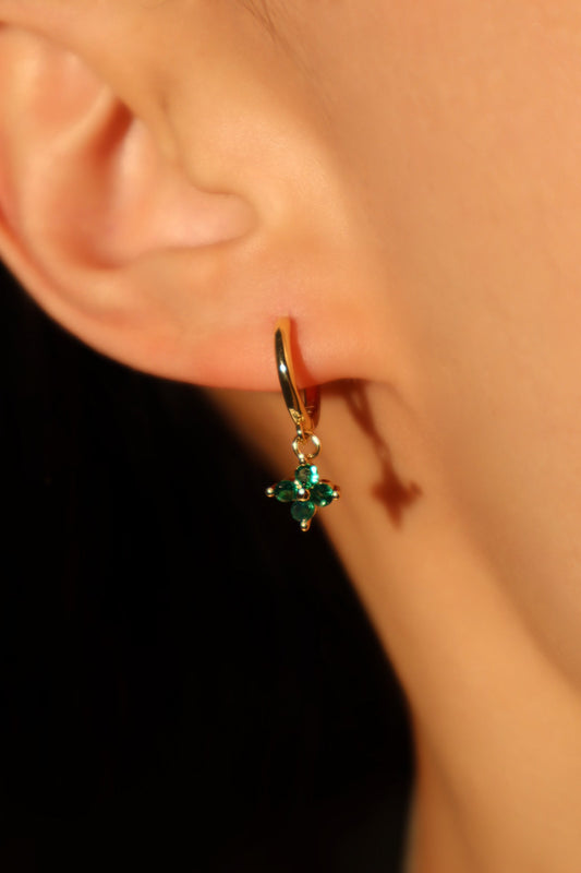 18K Real Gold Plated Green Gem Lucky Leaf Hoop Earrings