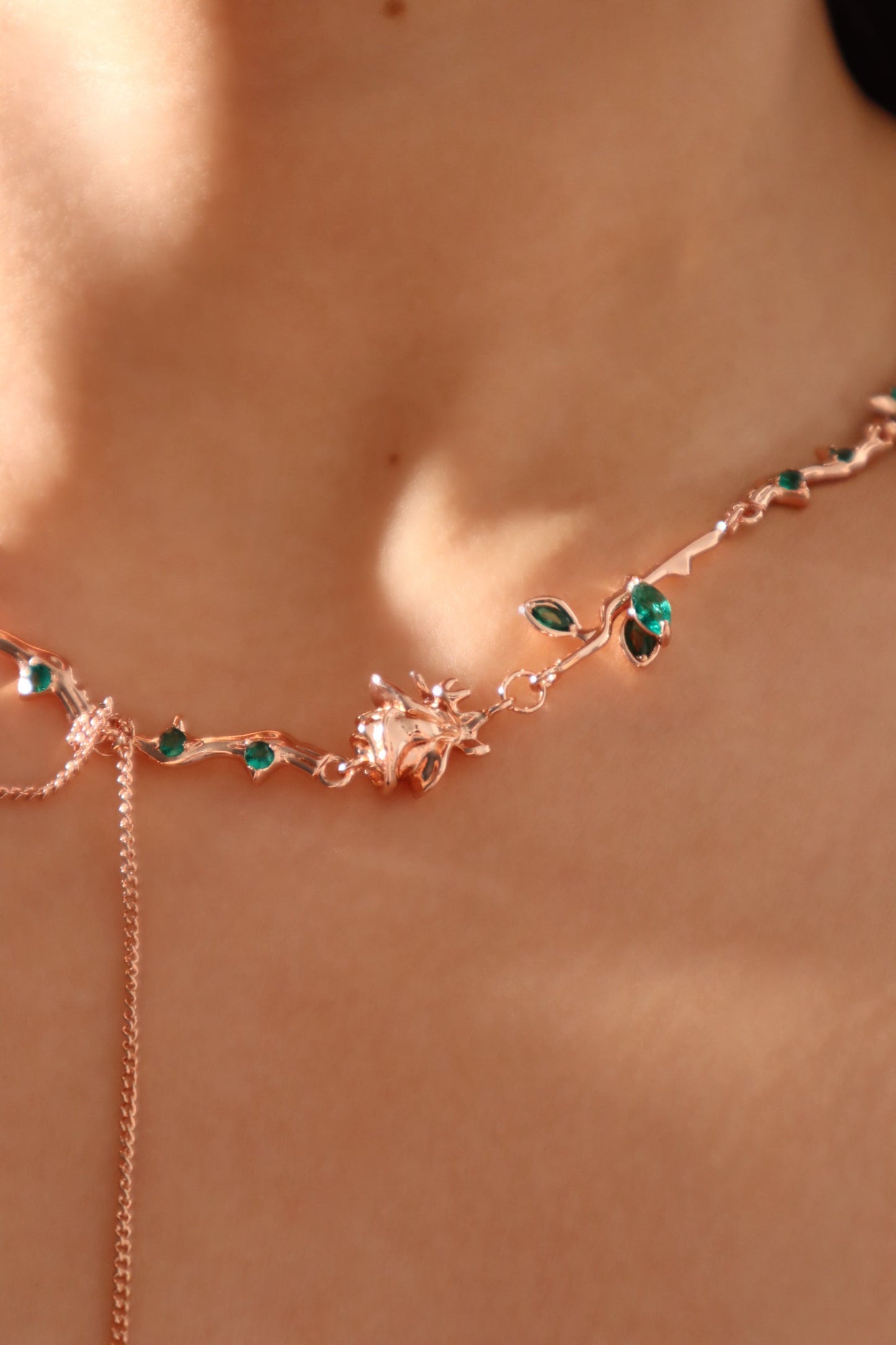 18K Rose Gold Plated Green Gem Rose Necklace