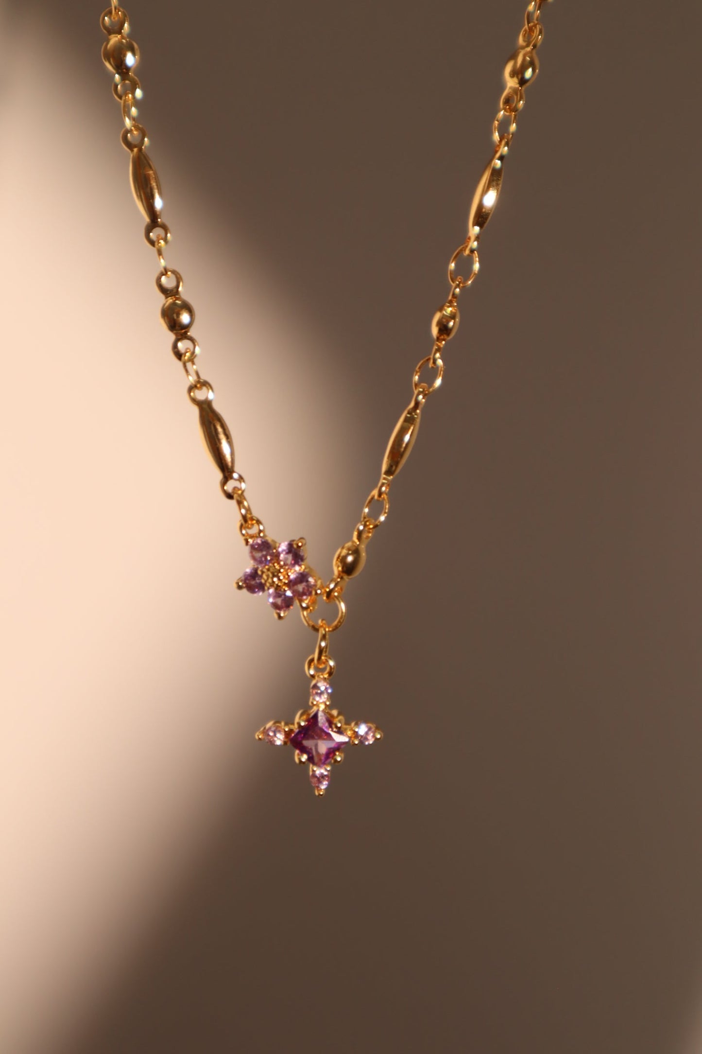 18K Real Gold Plated Purple Diamond Cross Necklace
