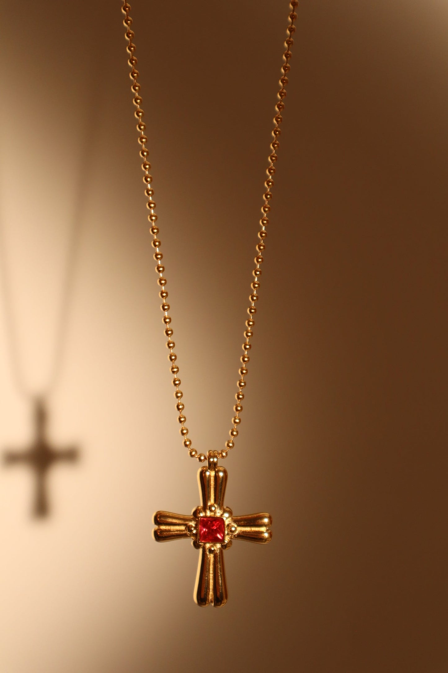 18K Gold Stainless Steel Red Gem Cross Necklace