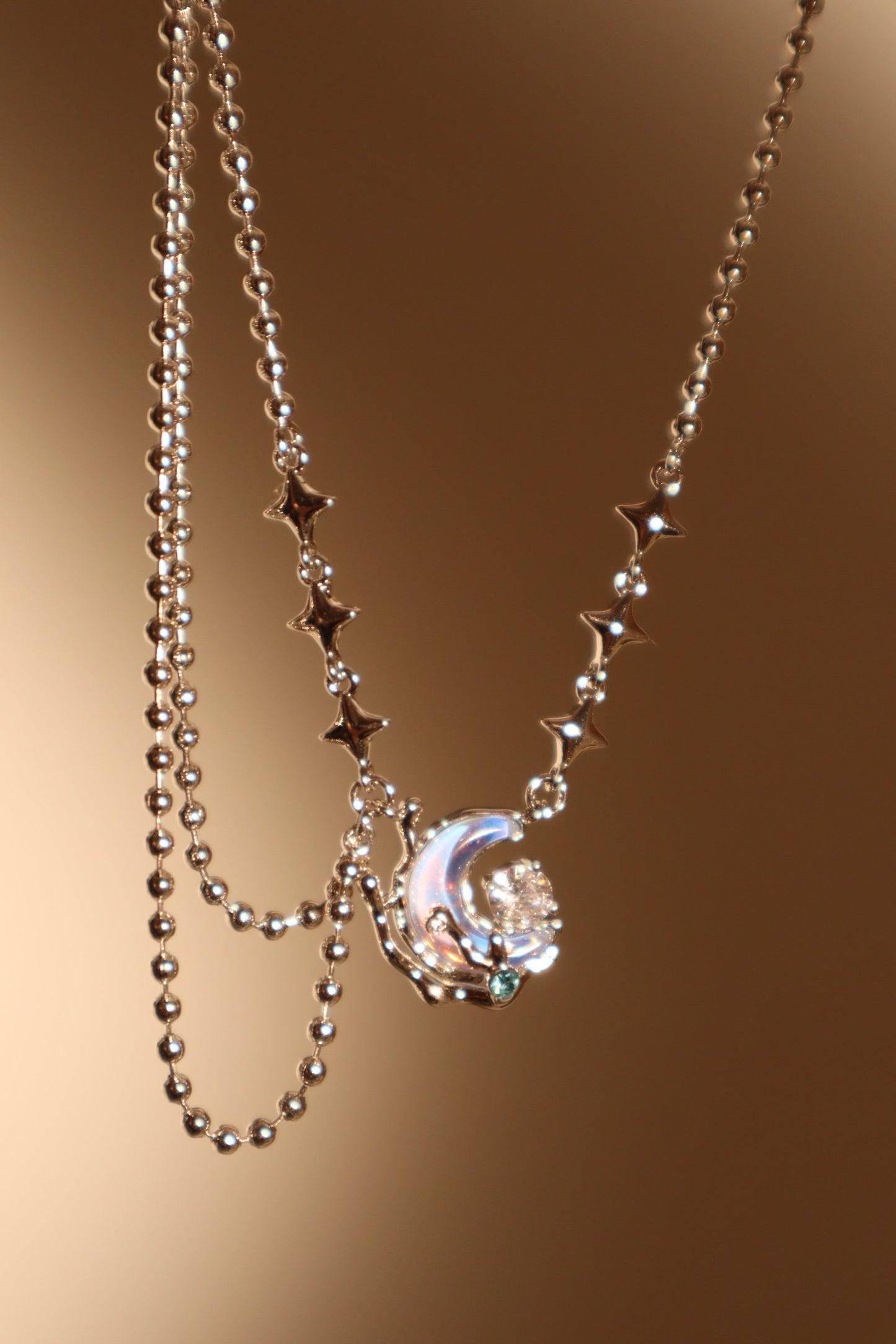 Platinum Plated Diamond Moonstone Moon Necklace
