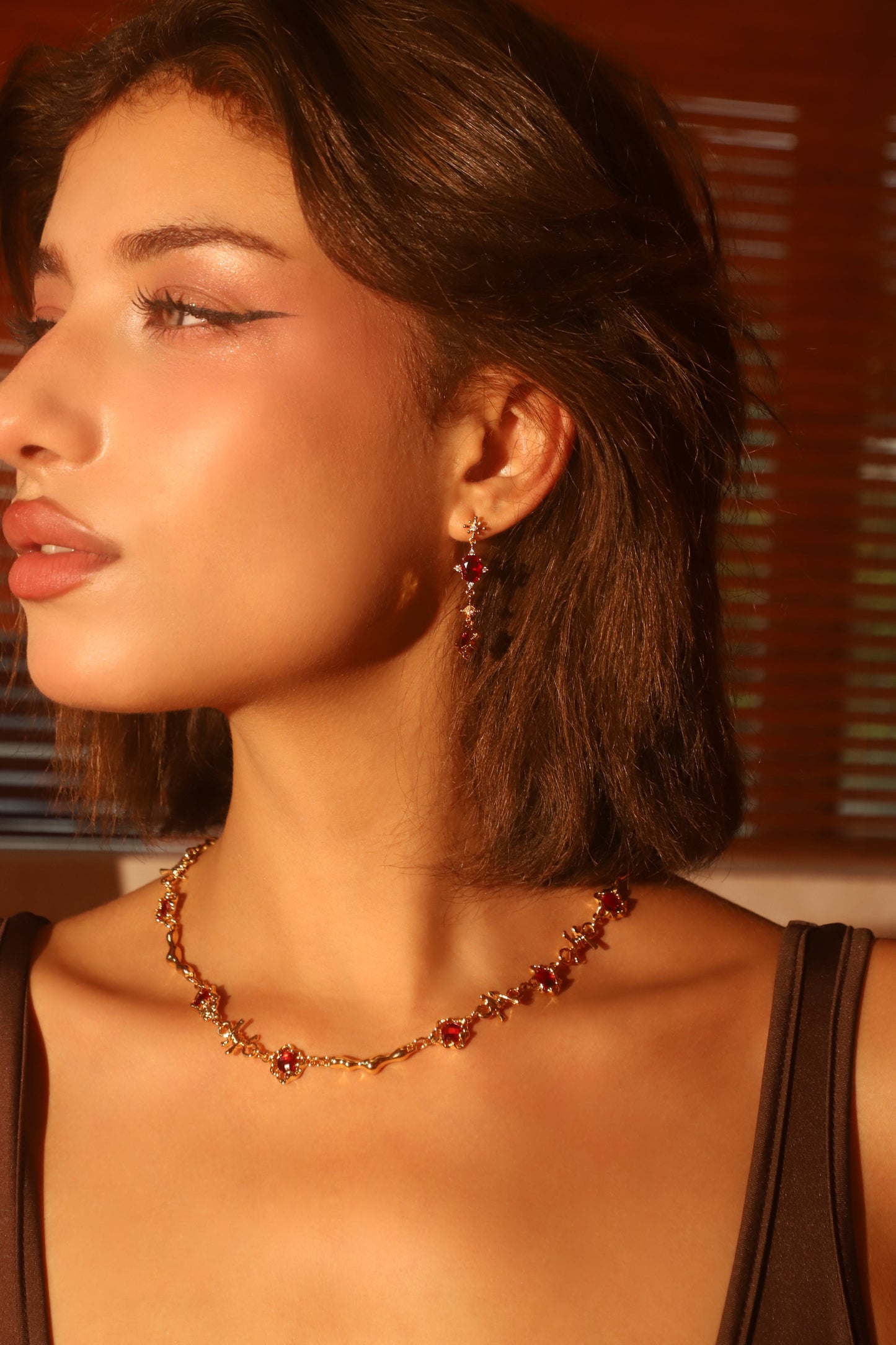 18K Real Gold Plated Multi Red Gem Twist Necklace