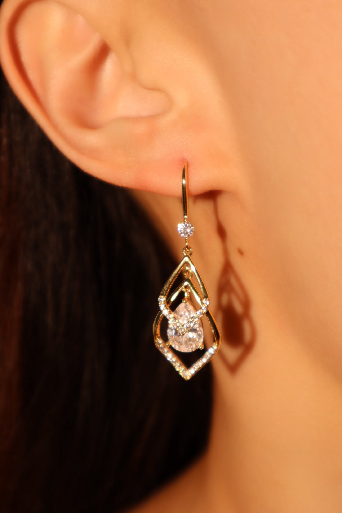 18K Real Gold Plated Diamond Droplet Earrings