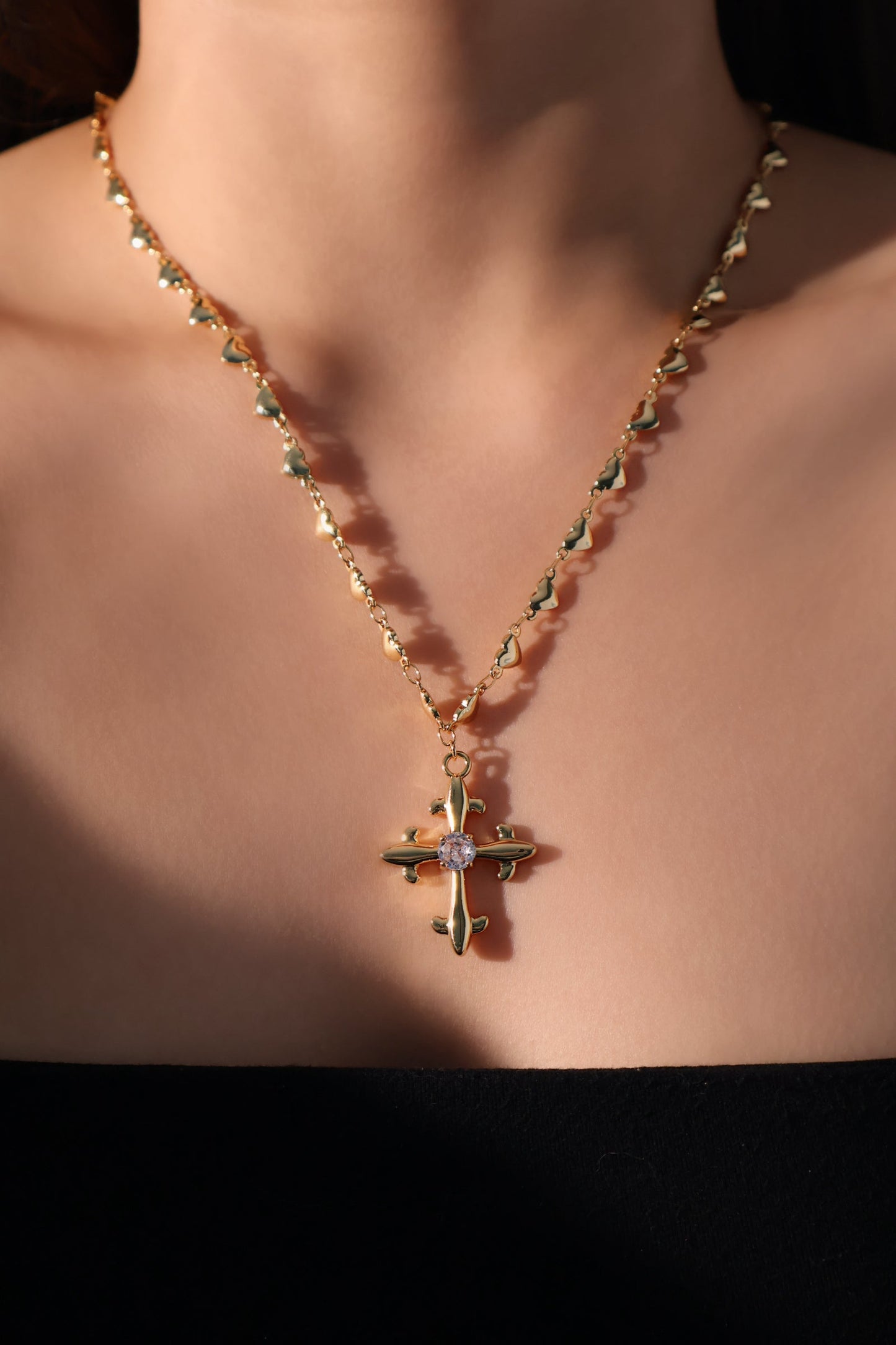 18K Real Gold Plated Diamond Cross of Hearts Necklace