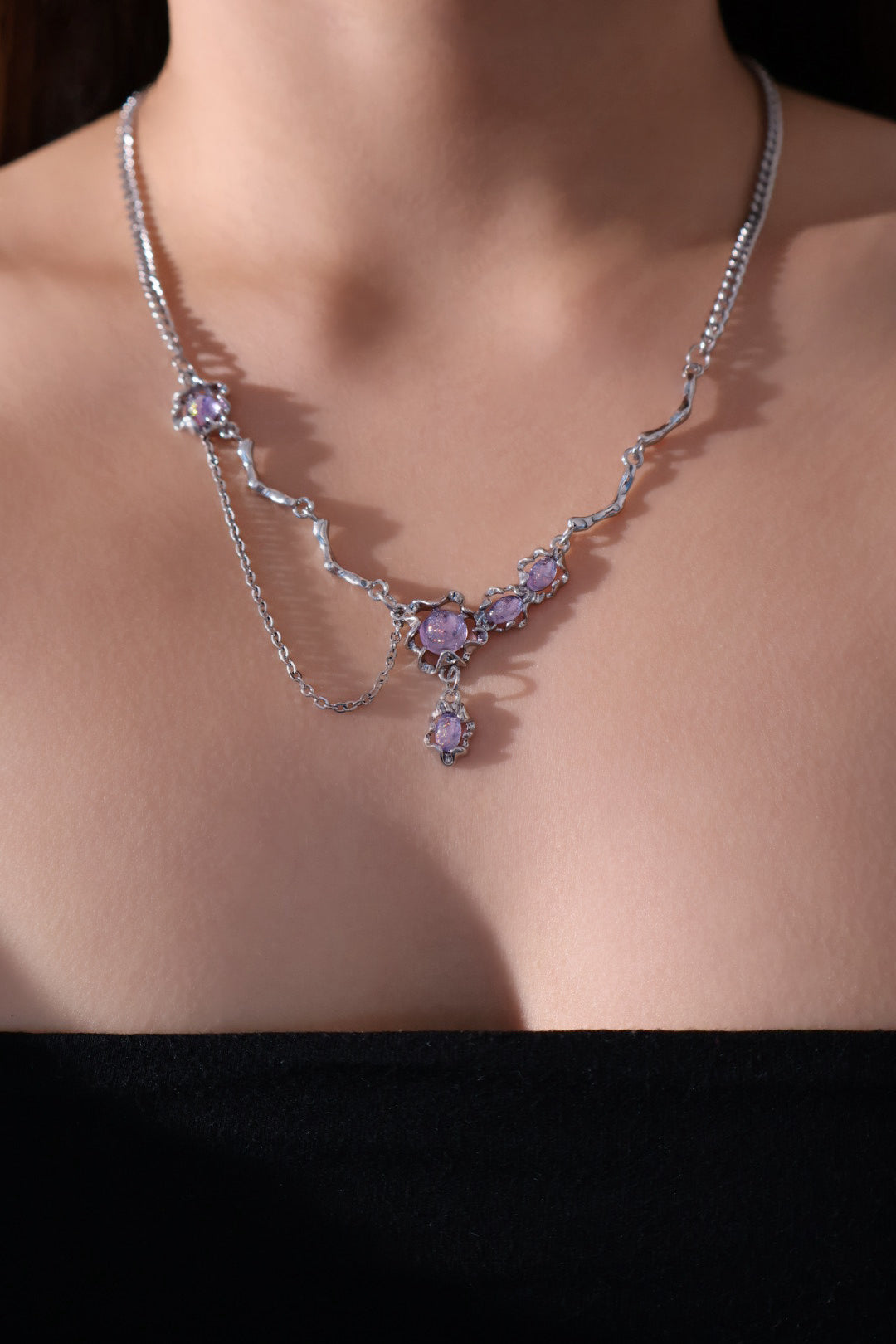 Platinum Plated Purple Glitter Gem Dangle Necklace