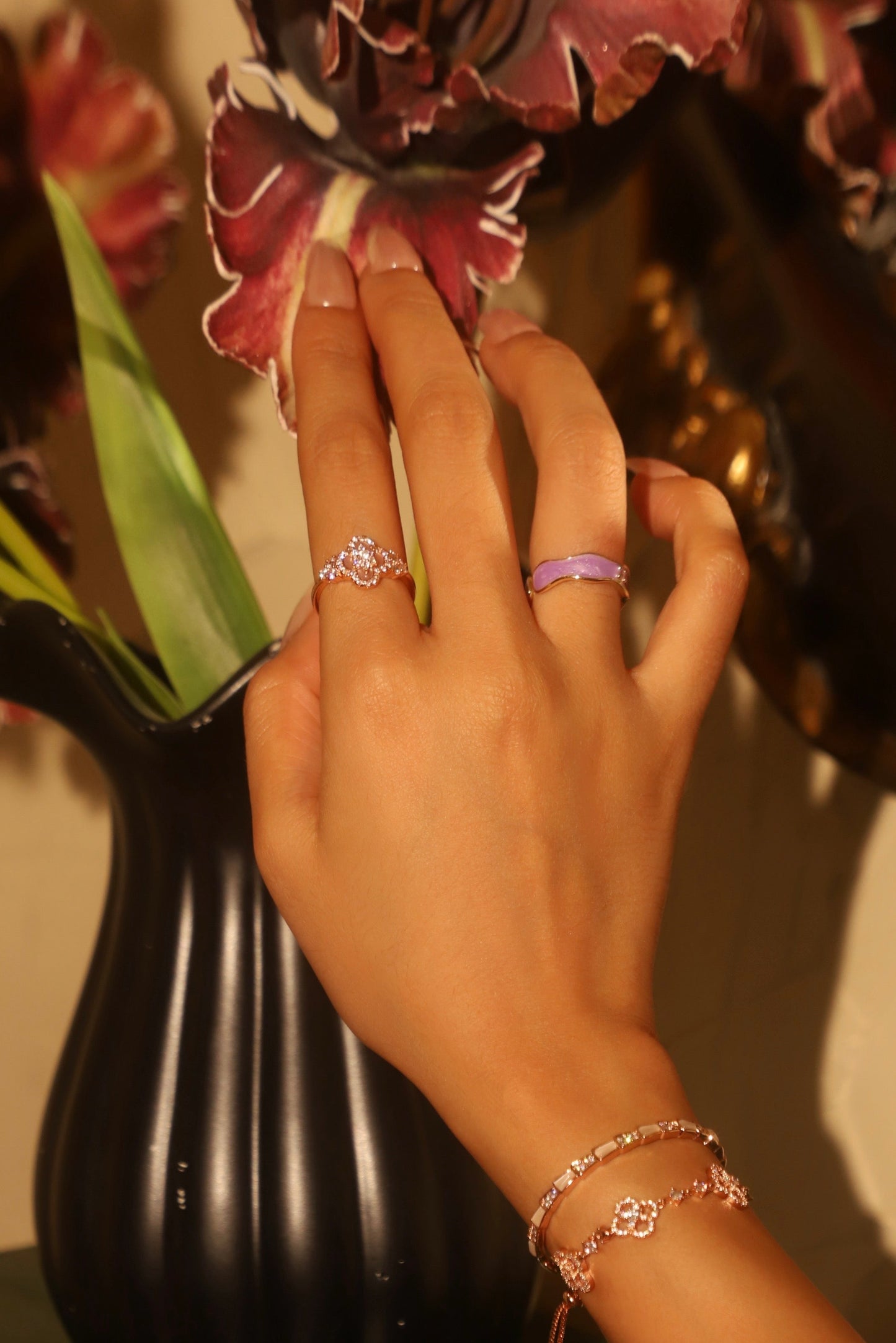 18K Rose Gold Plated Pink Lucky Leaf Shell Pearls Ring