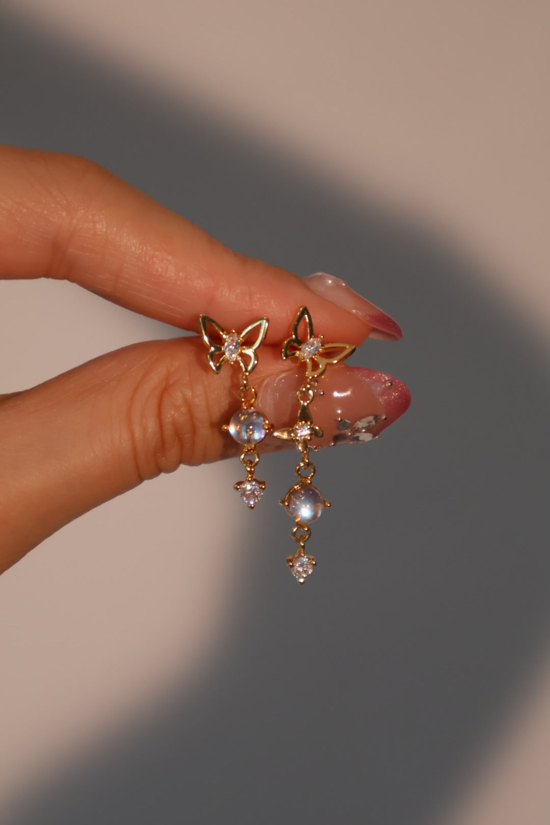 18K Real Gold Plated Butterfly Moonstone Dangle Earrings