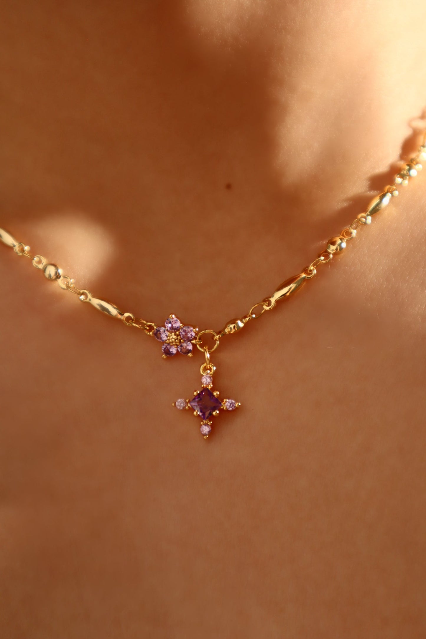 18K Real Gold Plated Purple Diamond Cross Necklace