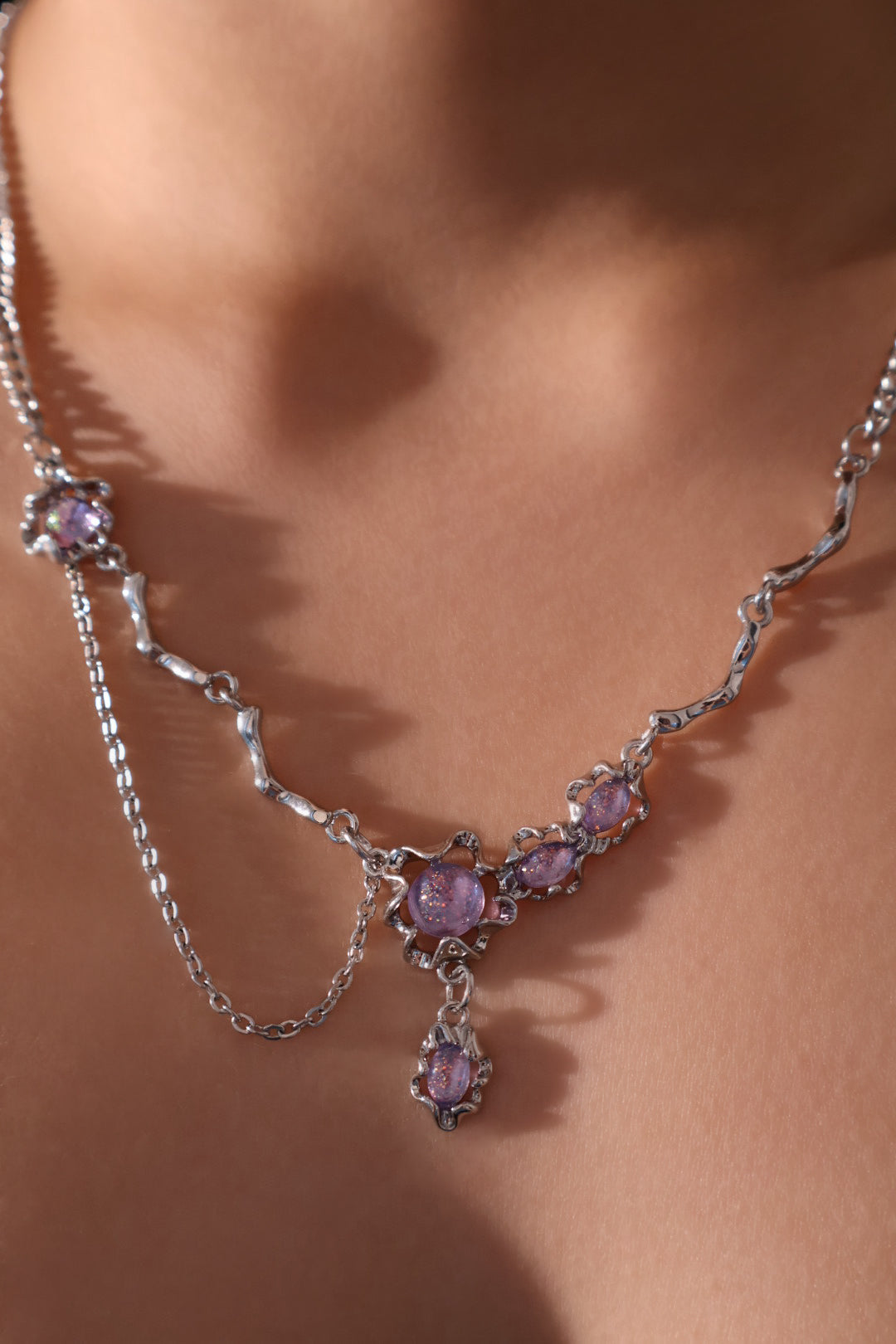 Platinum Plated Purple Glitter Gem Dangle Necklace