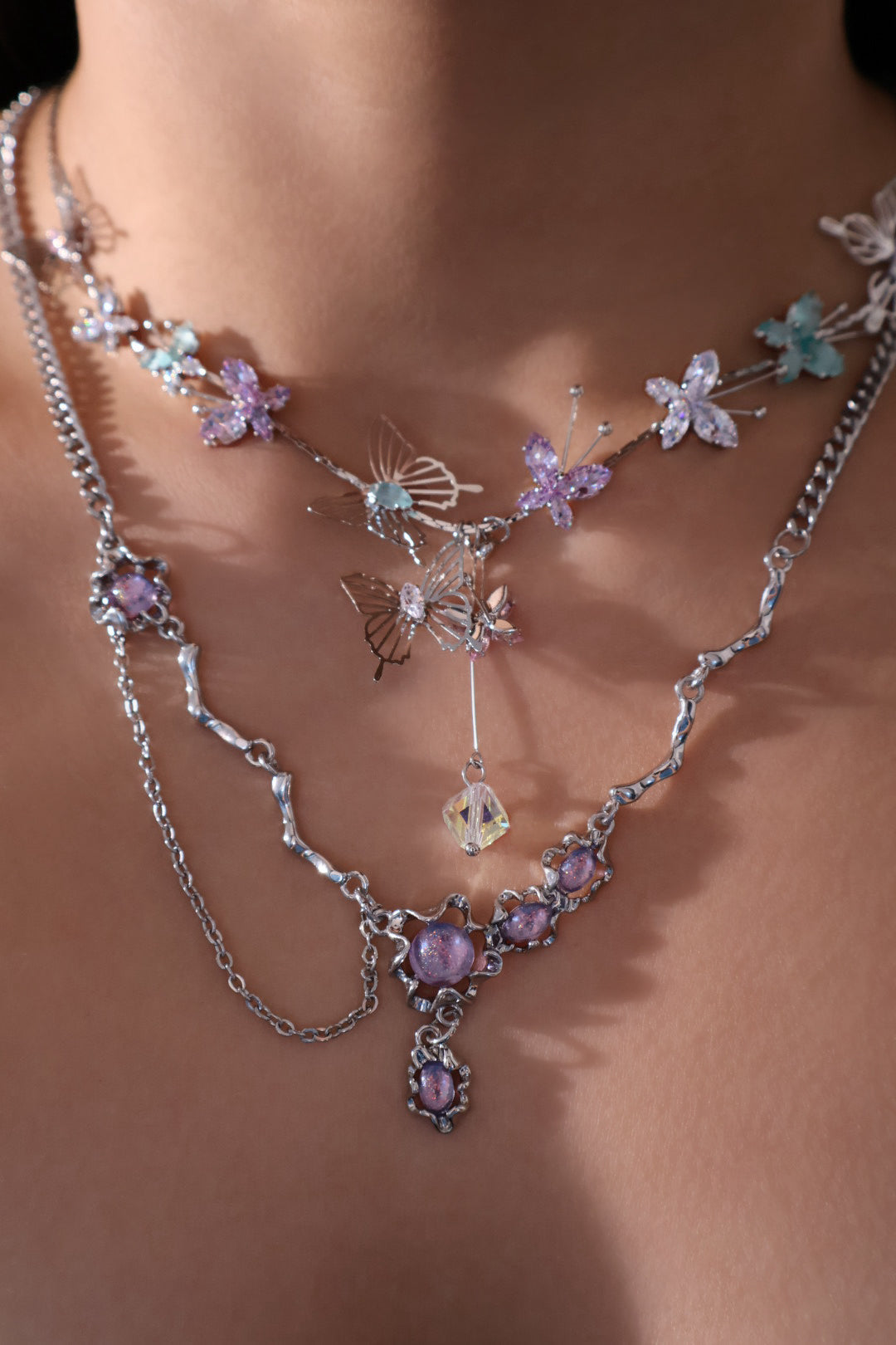 Platinum Plated Purple Glitter Gem Dangle Necklace