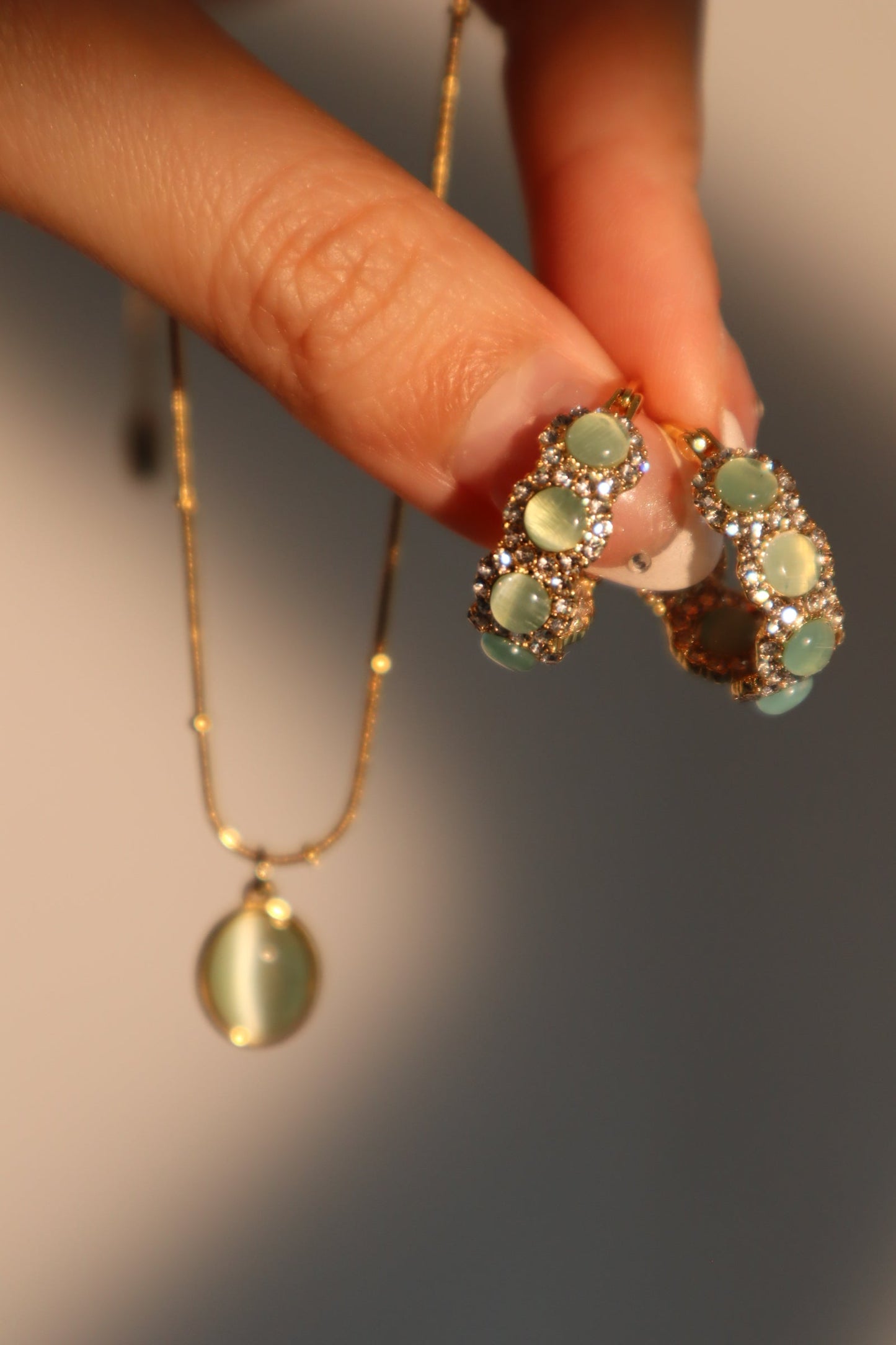 18K Gold Stainless Steel Green Opal Pendant Necklace
