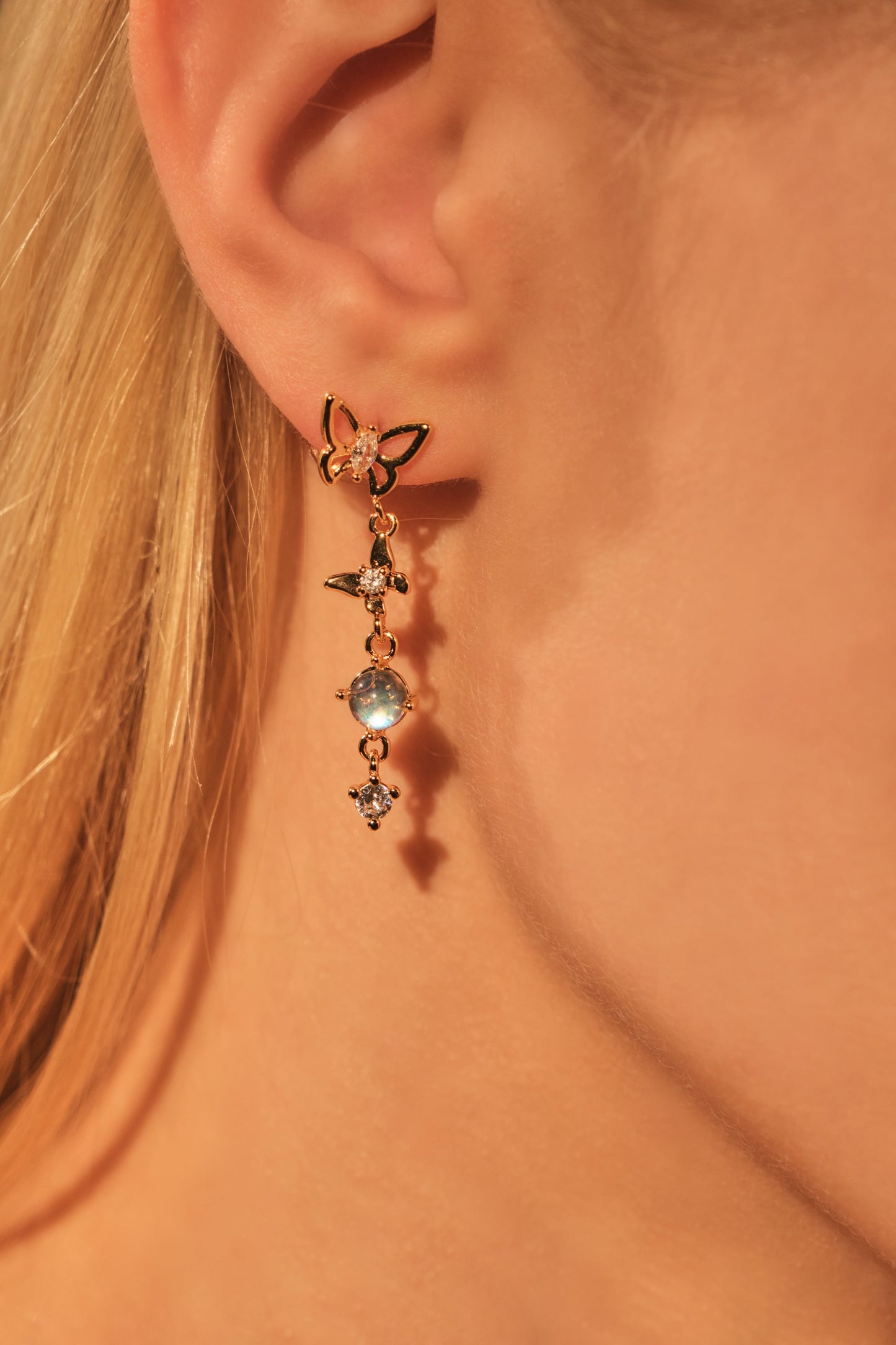 18K Real Gold Plated Butterfly Moonstone Dangle Earrings