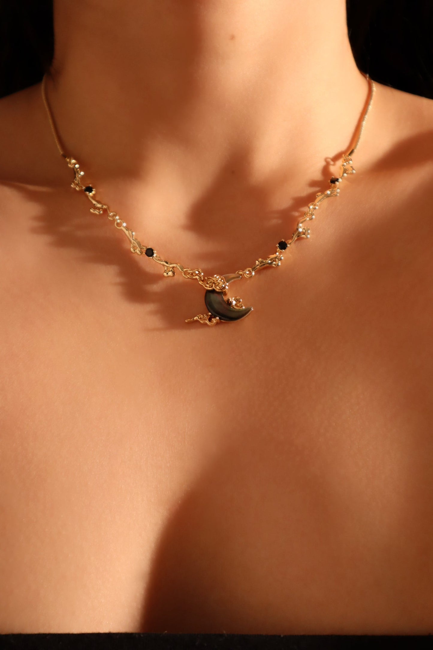 18K Real Gold Plated Black Shell Moon Necklace