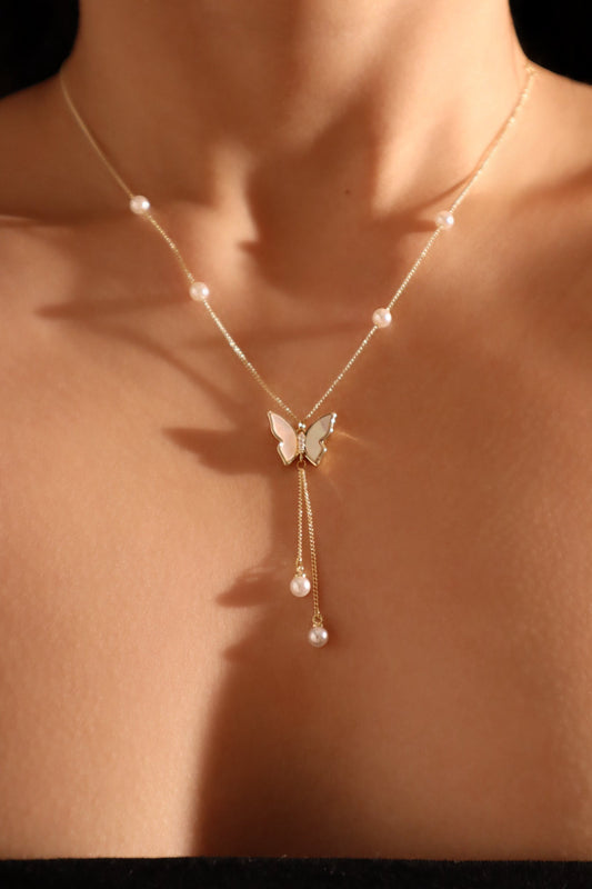 14K Real Gold Plated Butterfly Pearls Necklace