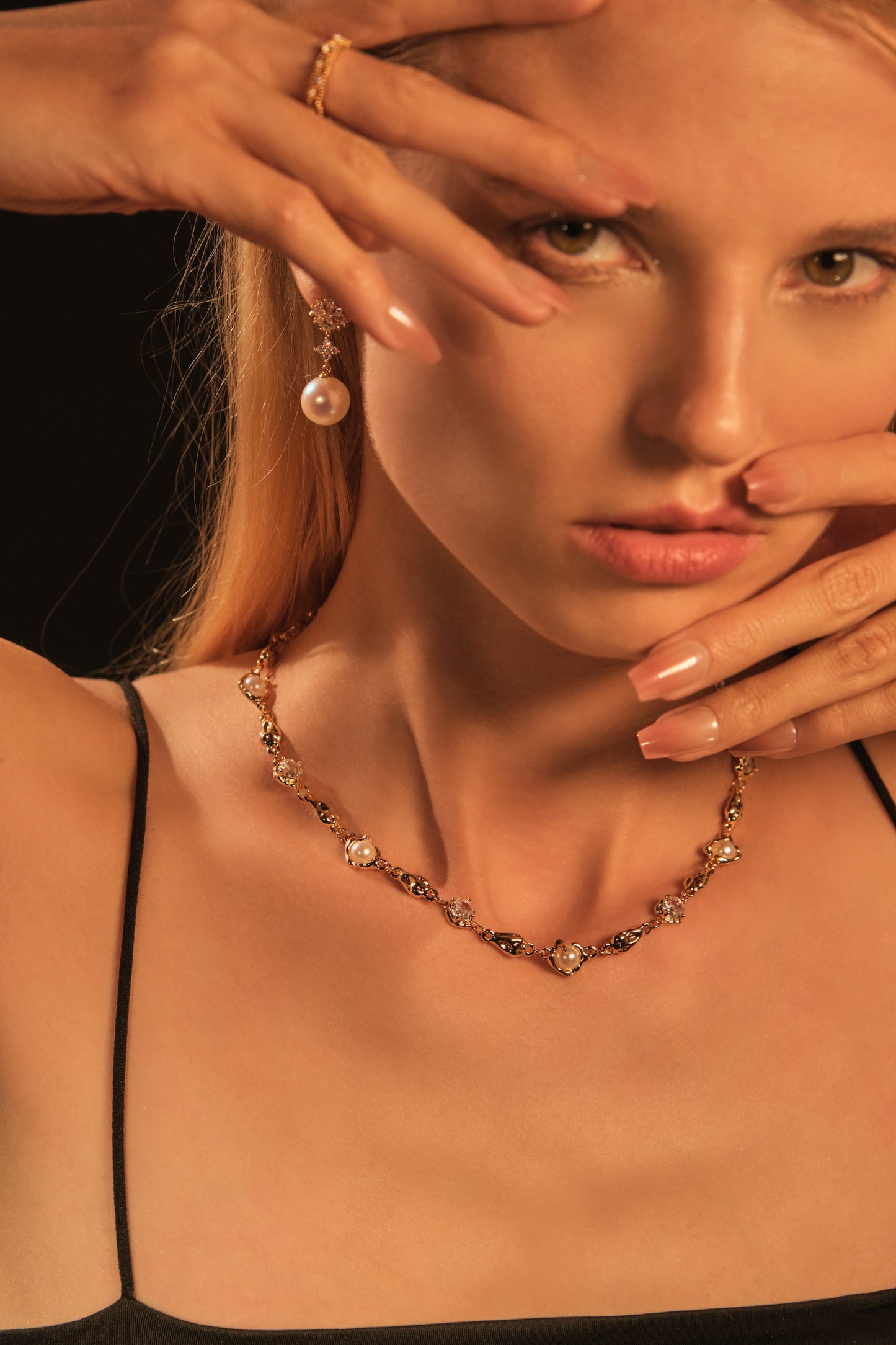 18K Real Gold Plated Diamond Flake Pearls Earrings