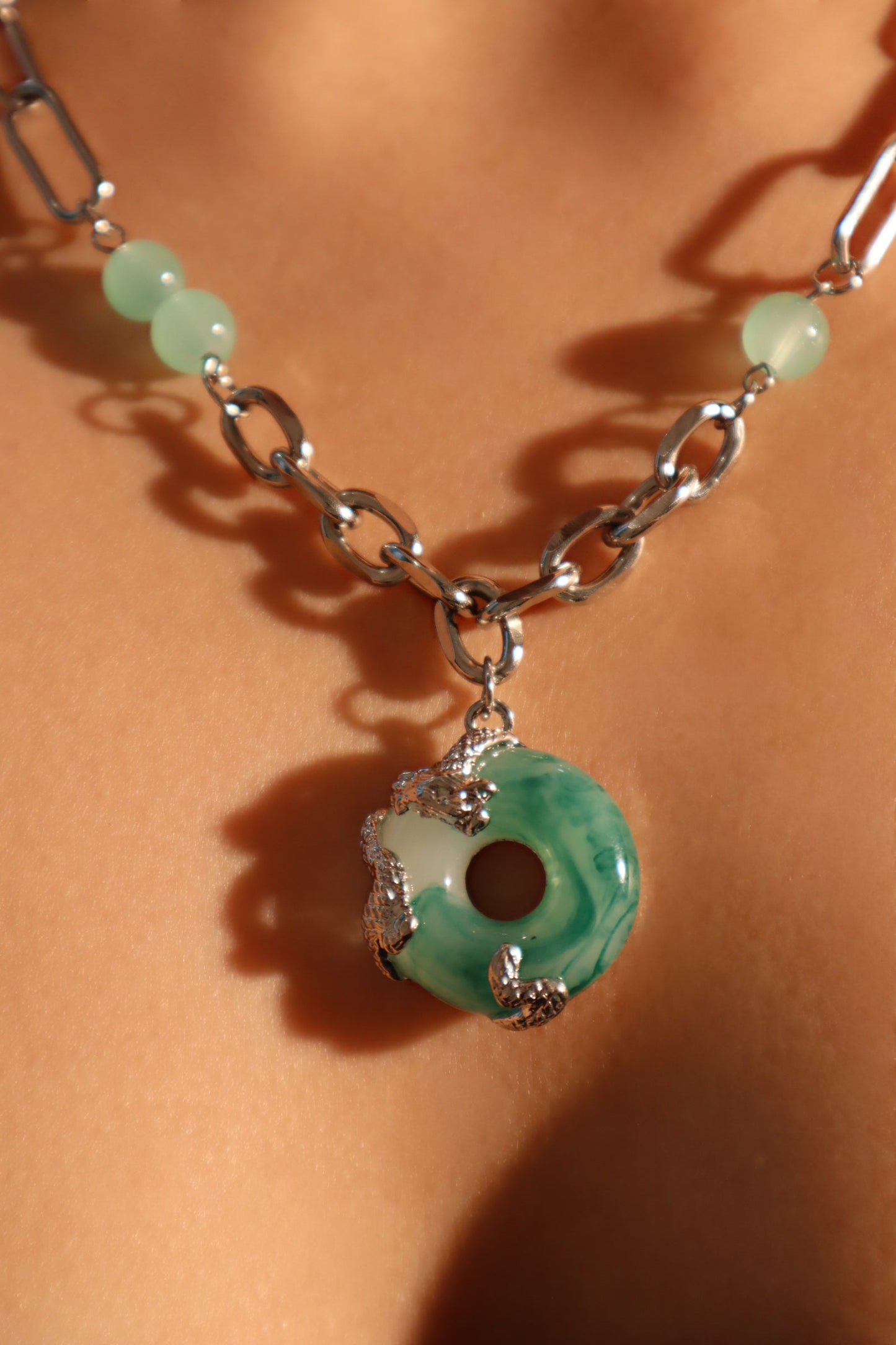 Platinum Plated Jade Dragon Necklace (EARRINGS INCLUDED)