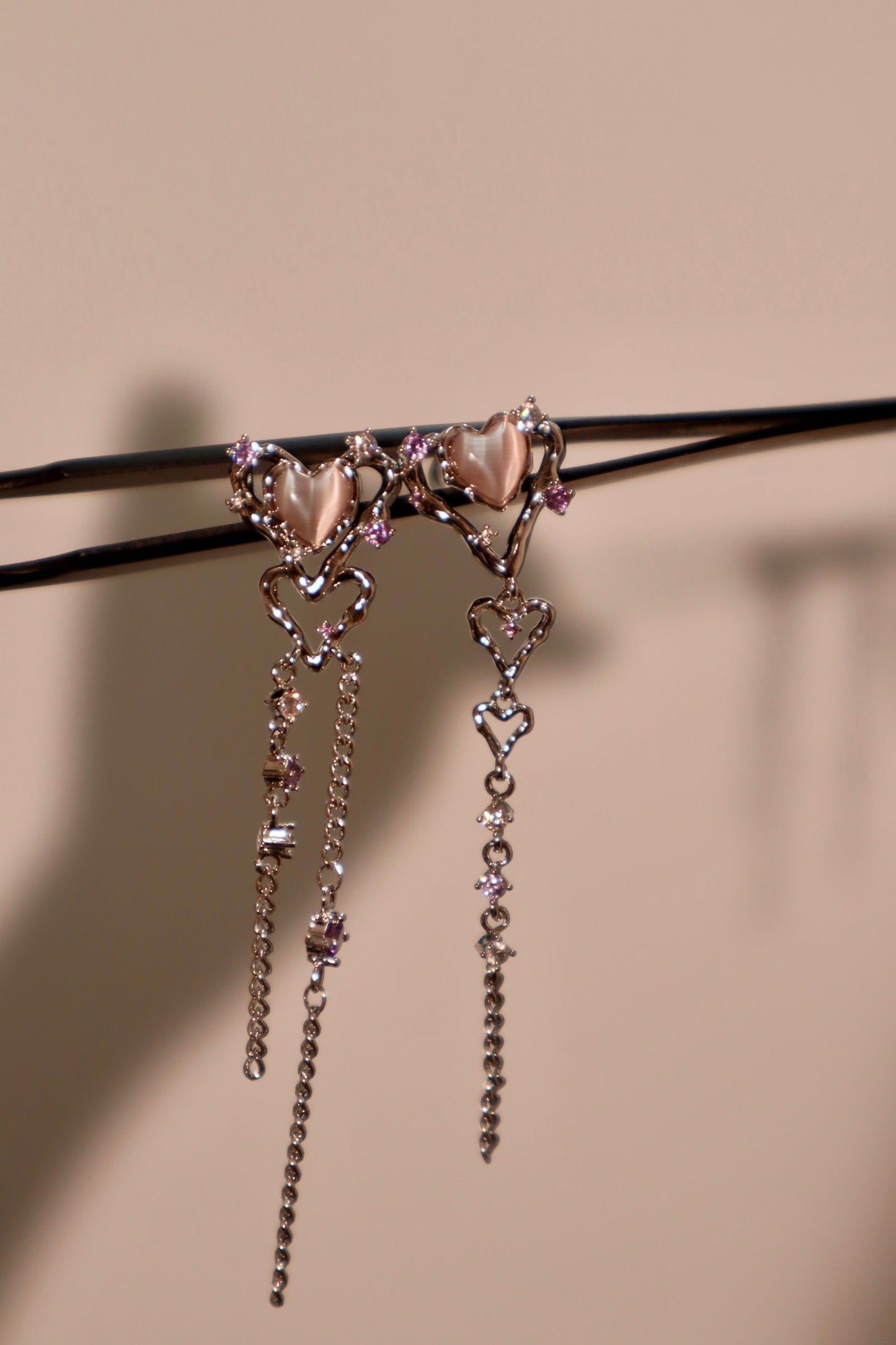 Platinum Plated Pink Opal Heart Dangle Earrings