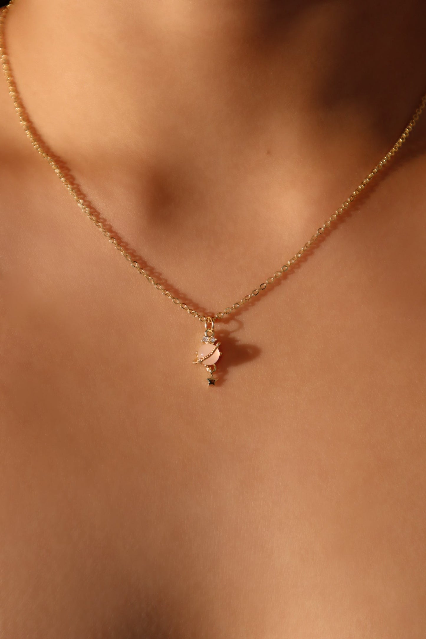 18K Real Gold Plated Pink Gem Saturn Star Necklace