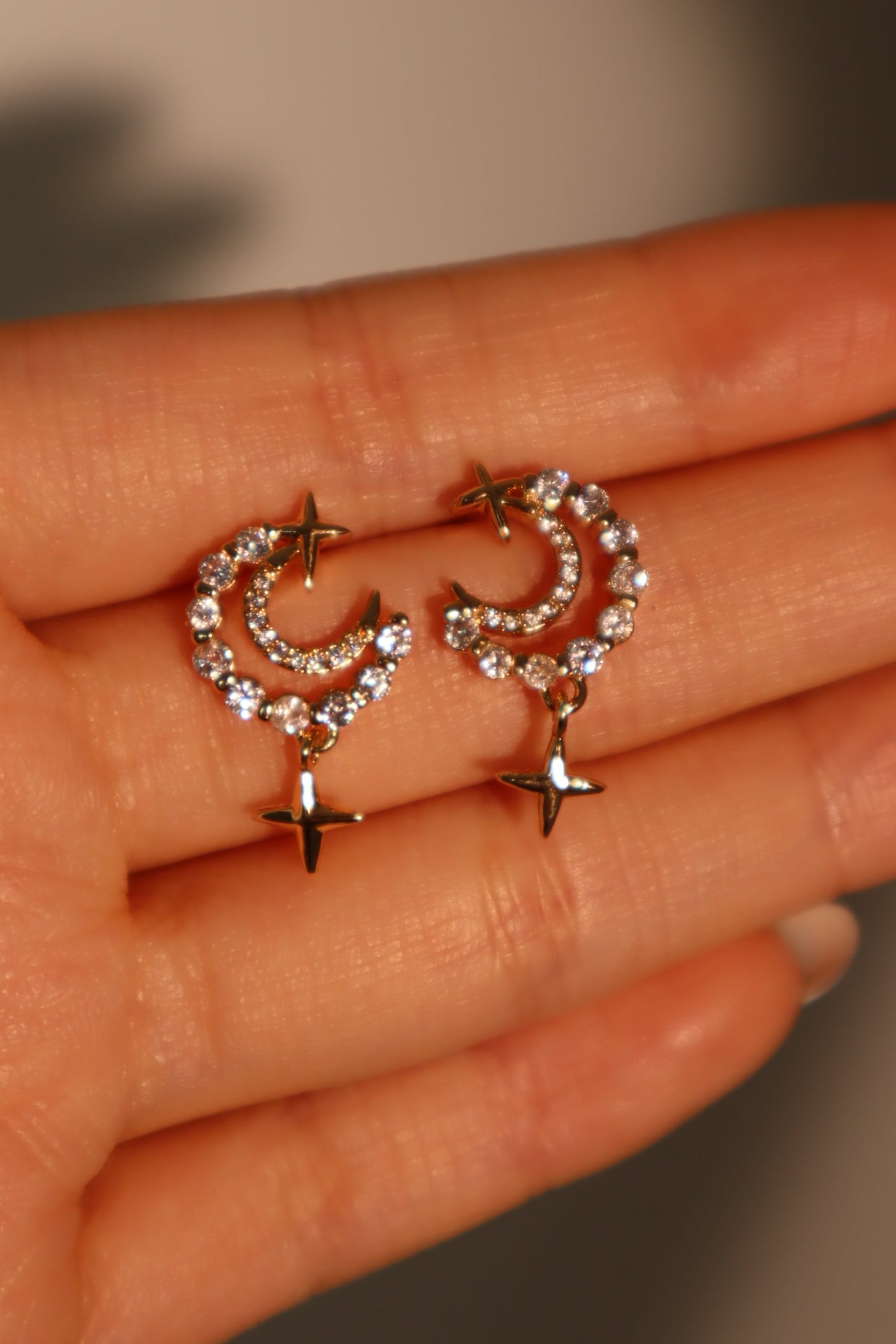 18K Real Gold Plated Diamonds Moon Star Earrings