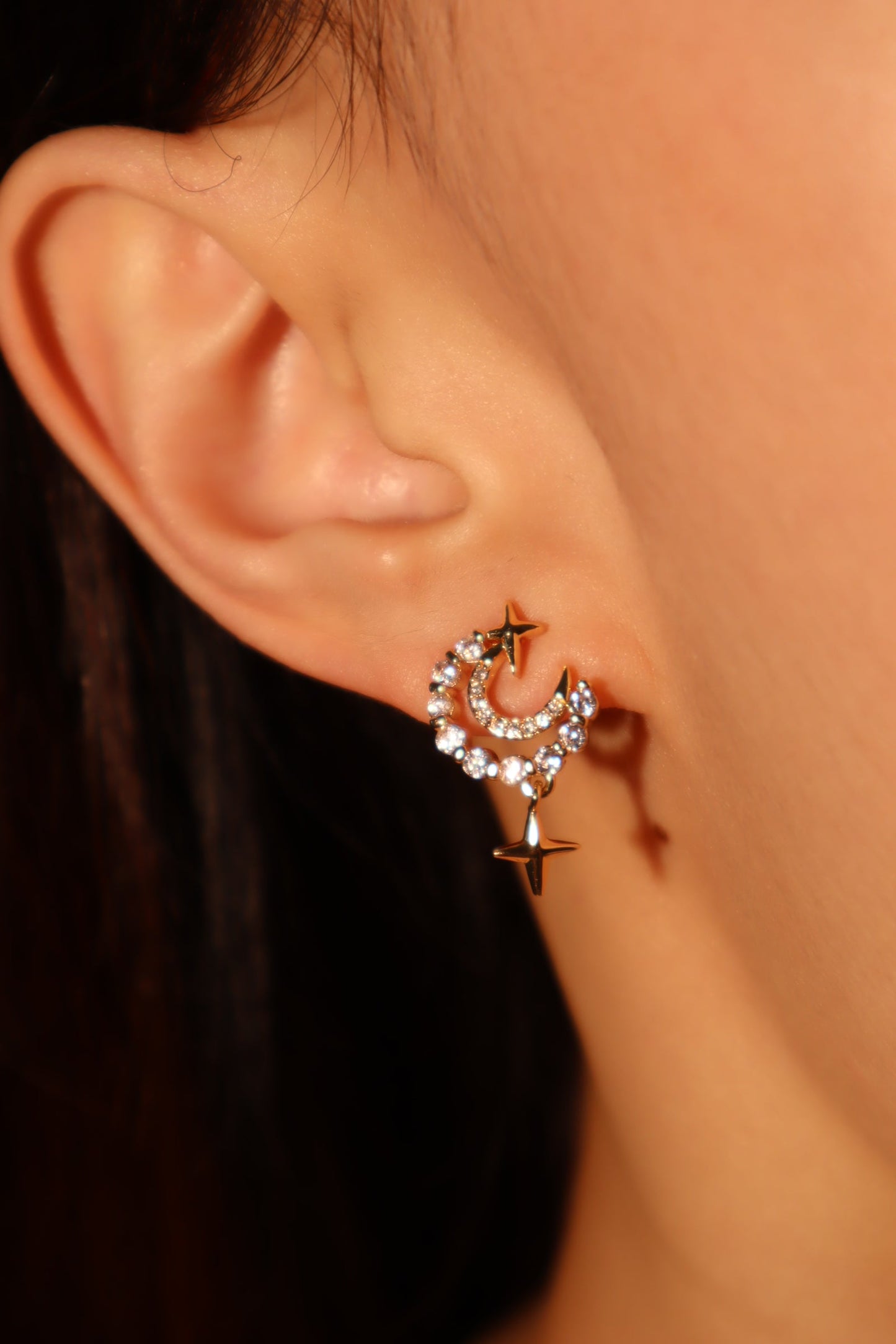 18K Real Gold Plated Diamonds Moon Star Earrings