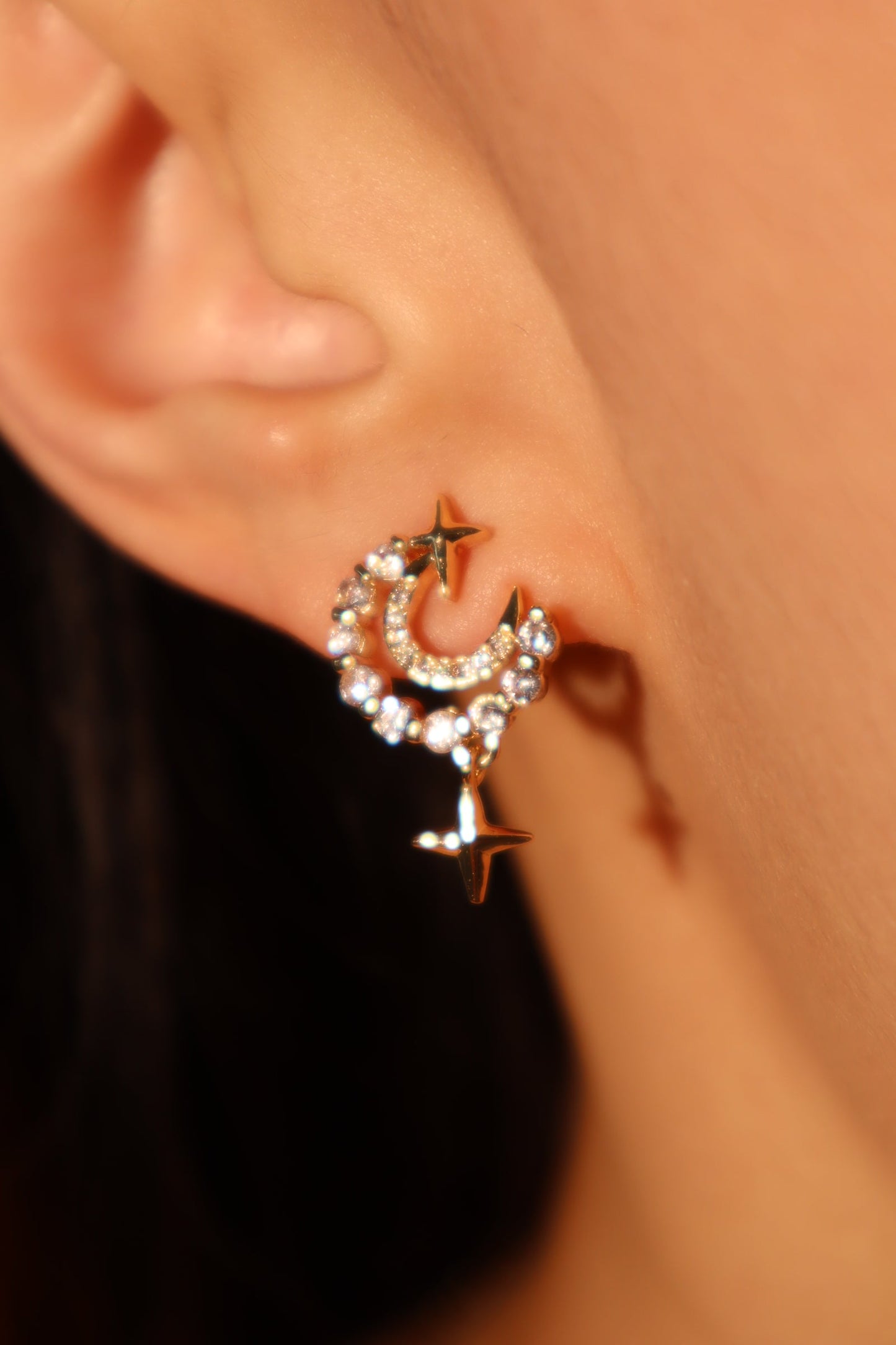 18K Real Gold Plated Diamonds Moon Star Earrings