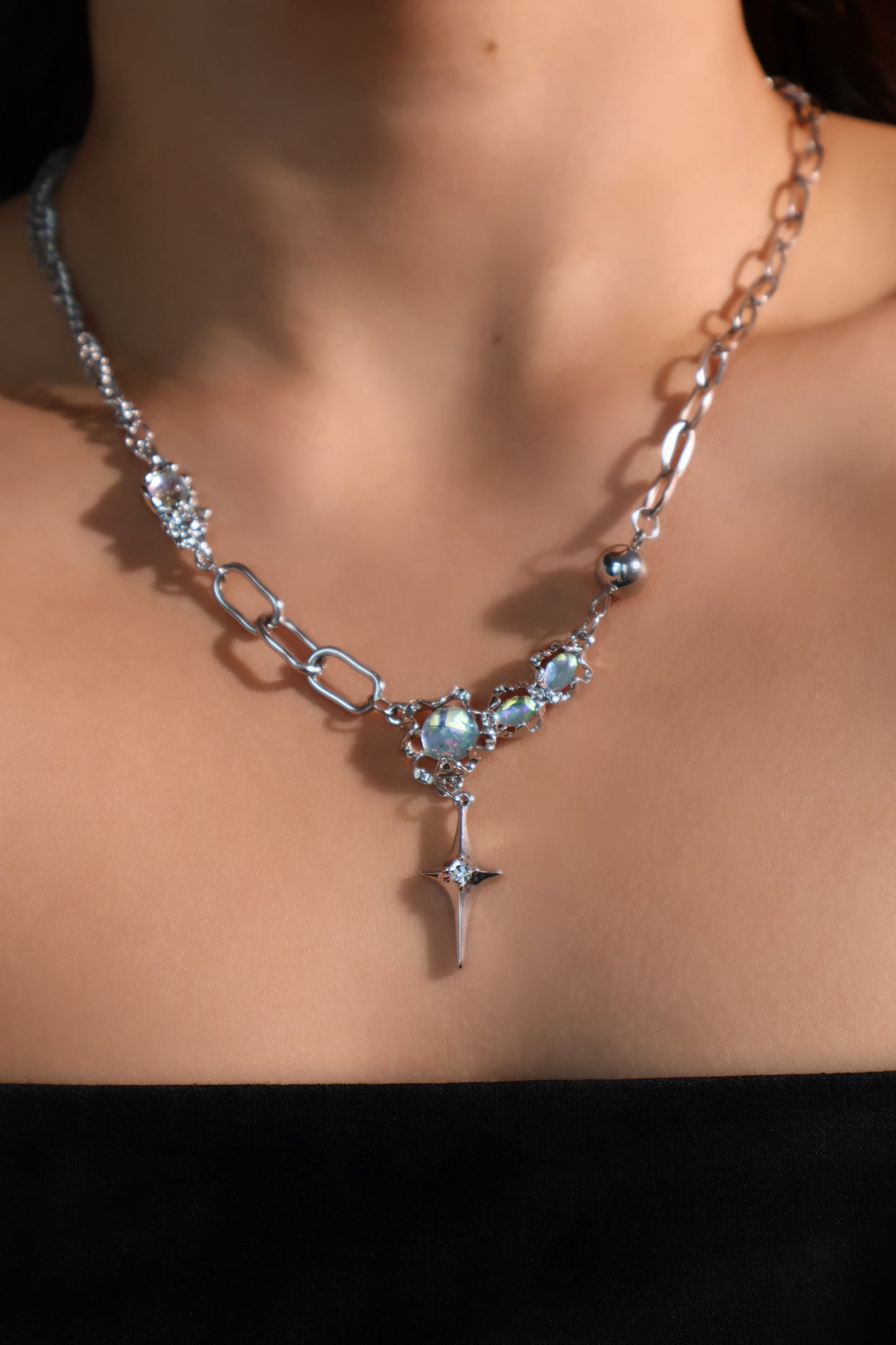 Platinum Plated Opal Star Necklace