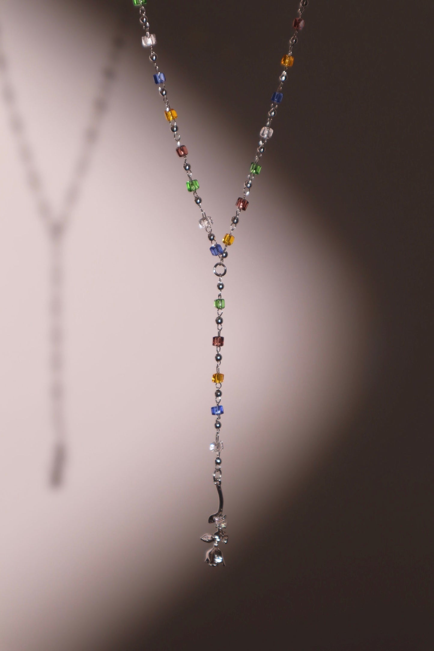 Platinum Plated Color Gem Rose Lariat Long Necklace