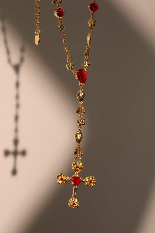 18K Real Gold Plated Red Gem Cross Lariat Necklace