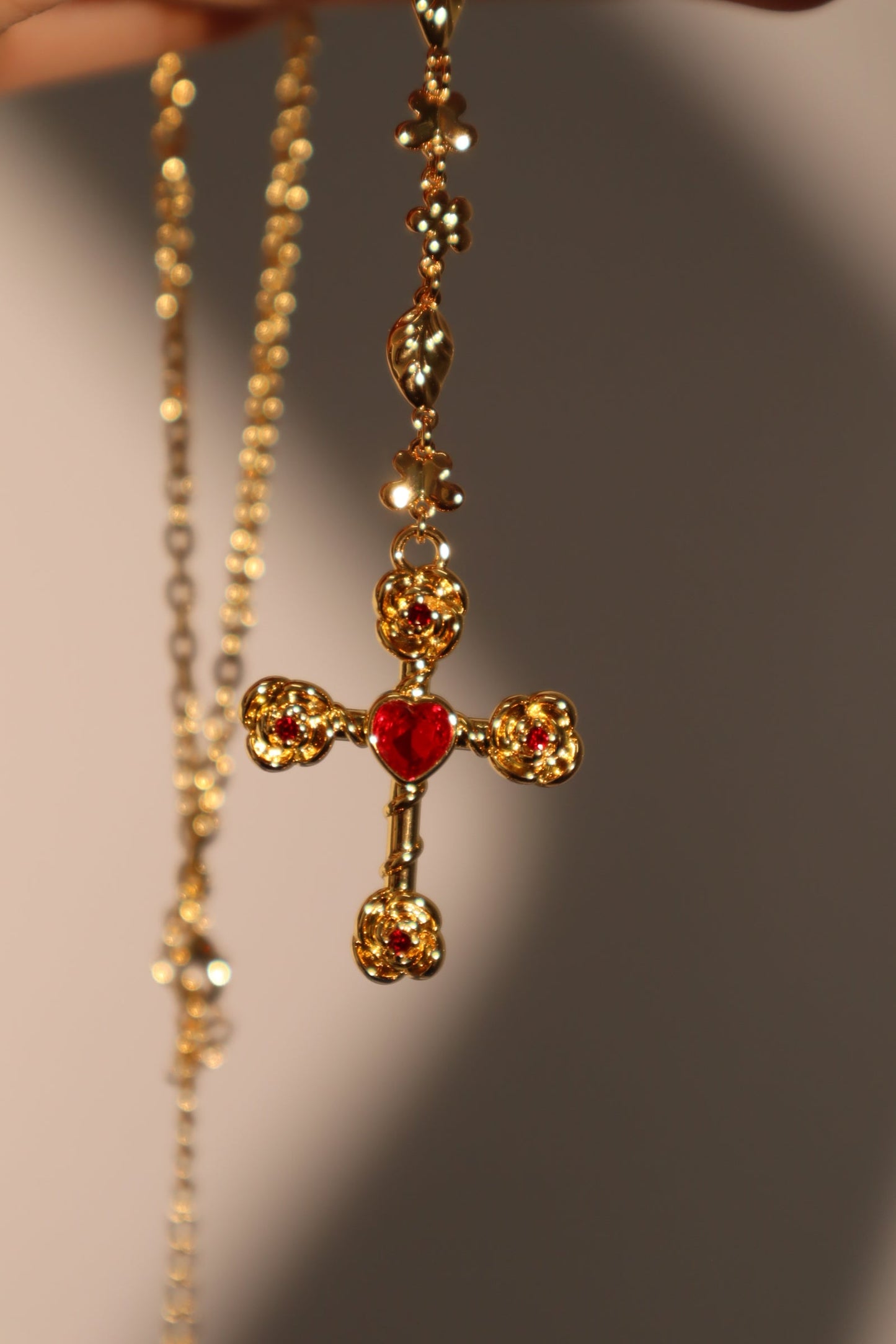 18K Real Gold Plated Red Gem Cross Lariat Necklace