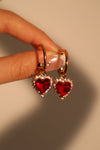 18K Real Gold Plated Red Gem Diamond Heart Earrings (Pre-order)