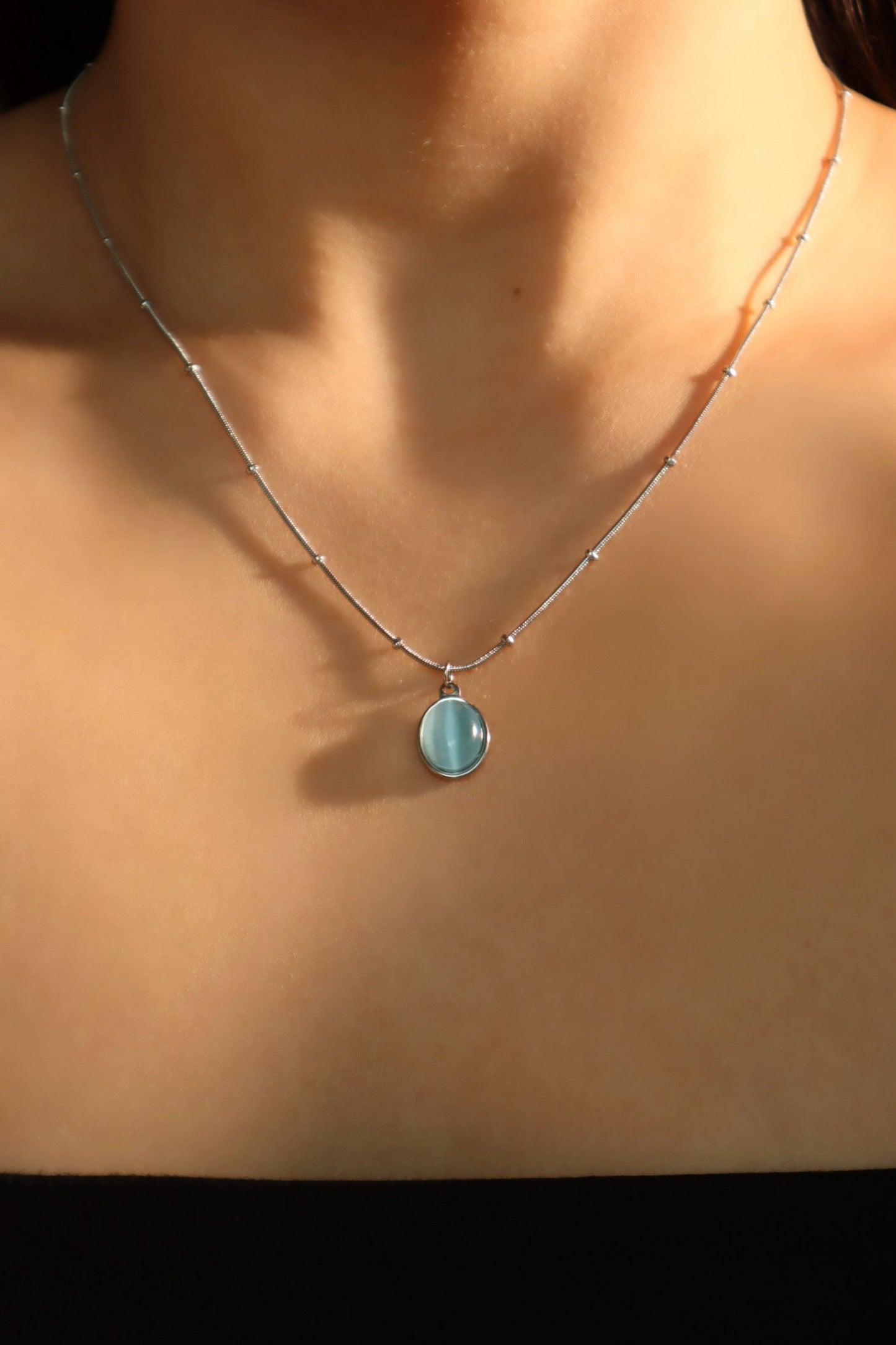 Stainless Steel Blue Opal Pendant Necklace