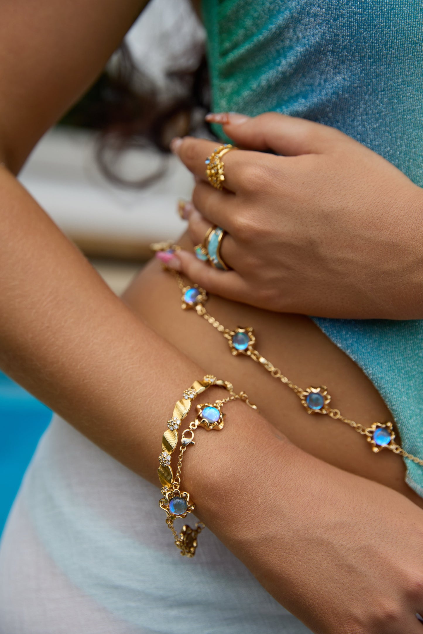 Multi Wearing Deep Blue Moonstones Bracelet Necklace (Waist Chain)
