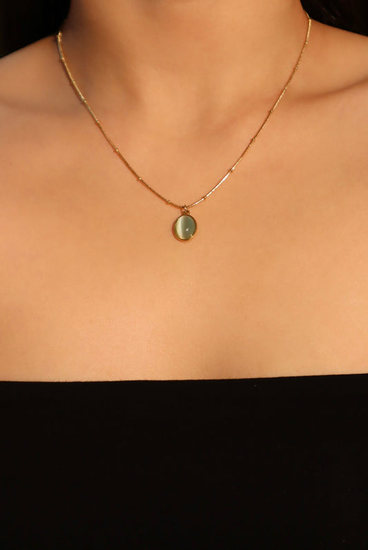 18K Gold Stainless Steel Green Opal Pendant Necklace