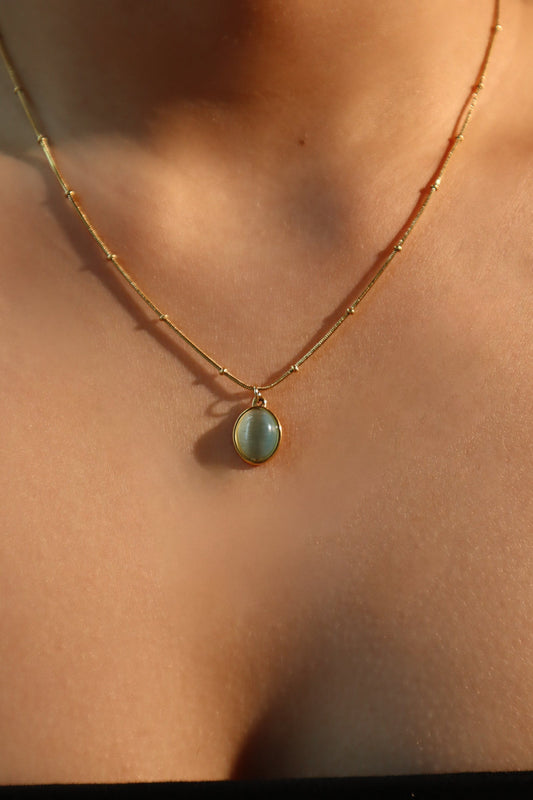 18K Gold Stainless Steel Green Opal Pendant Necklace