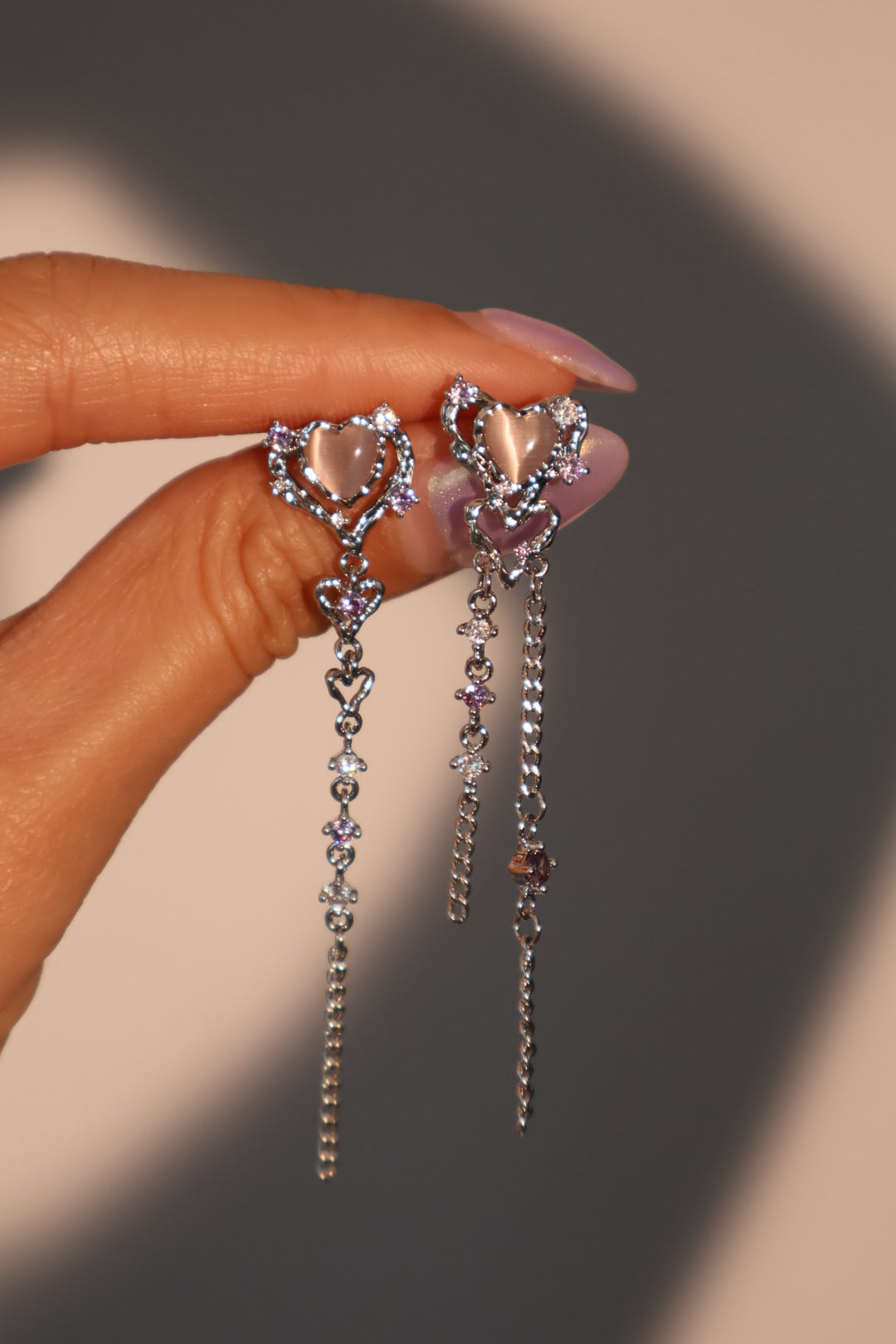 Platinum Plated Pink Opal Heart Dangle Earrings