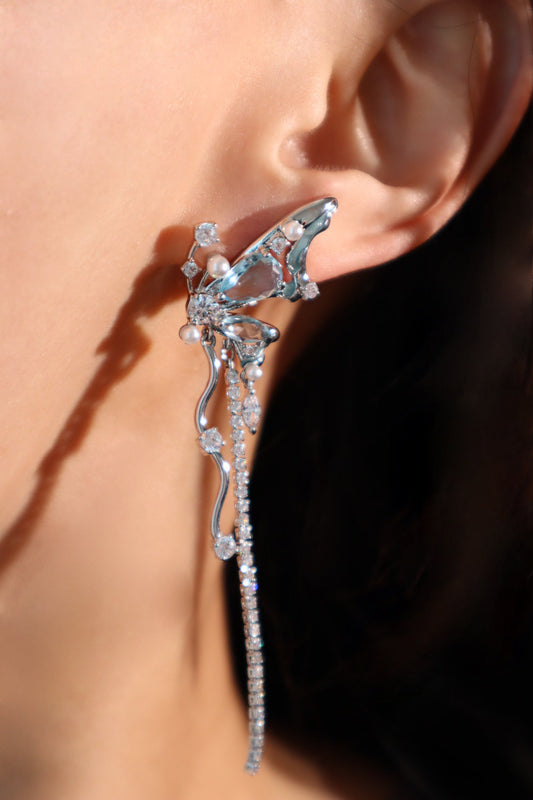 Platinum Plated Blue Gem Butterfly Earrings
