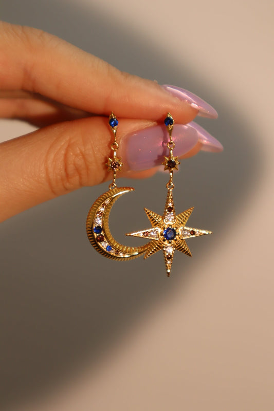 18K Gold Vermeil Moon Star Color Gem Earrings