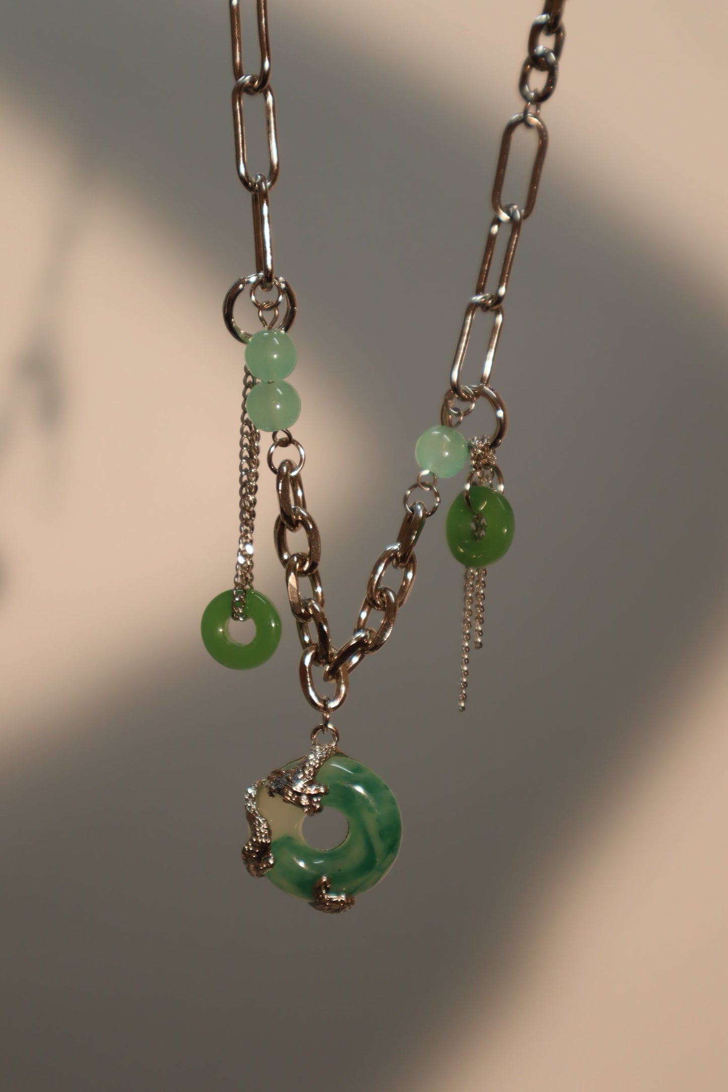 Platinum Plated Jade Dragon Necklace (EARRINGS INCLUDED)