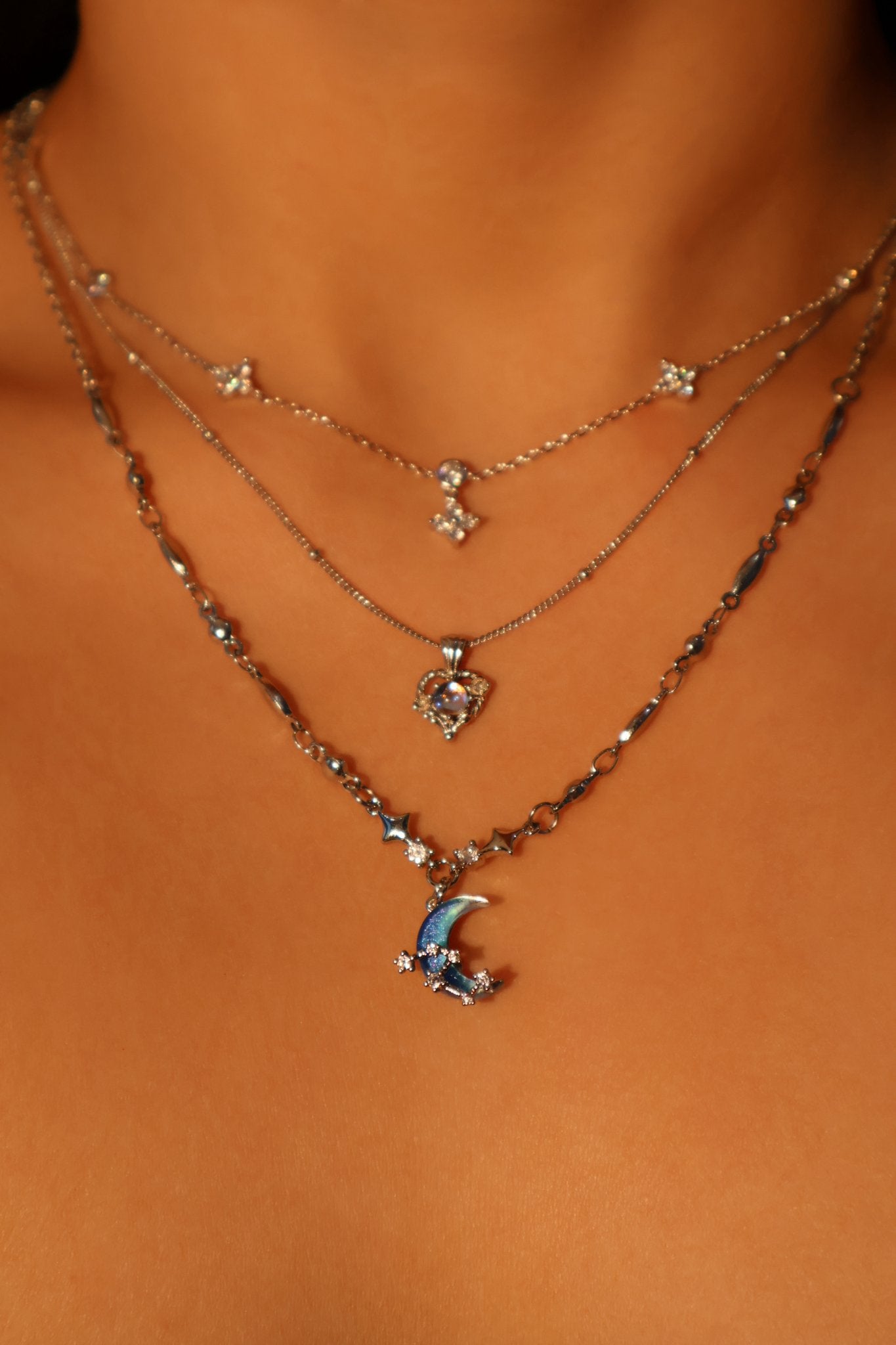 Moonstone Moon Necklace Trio Bundle