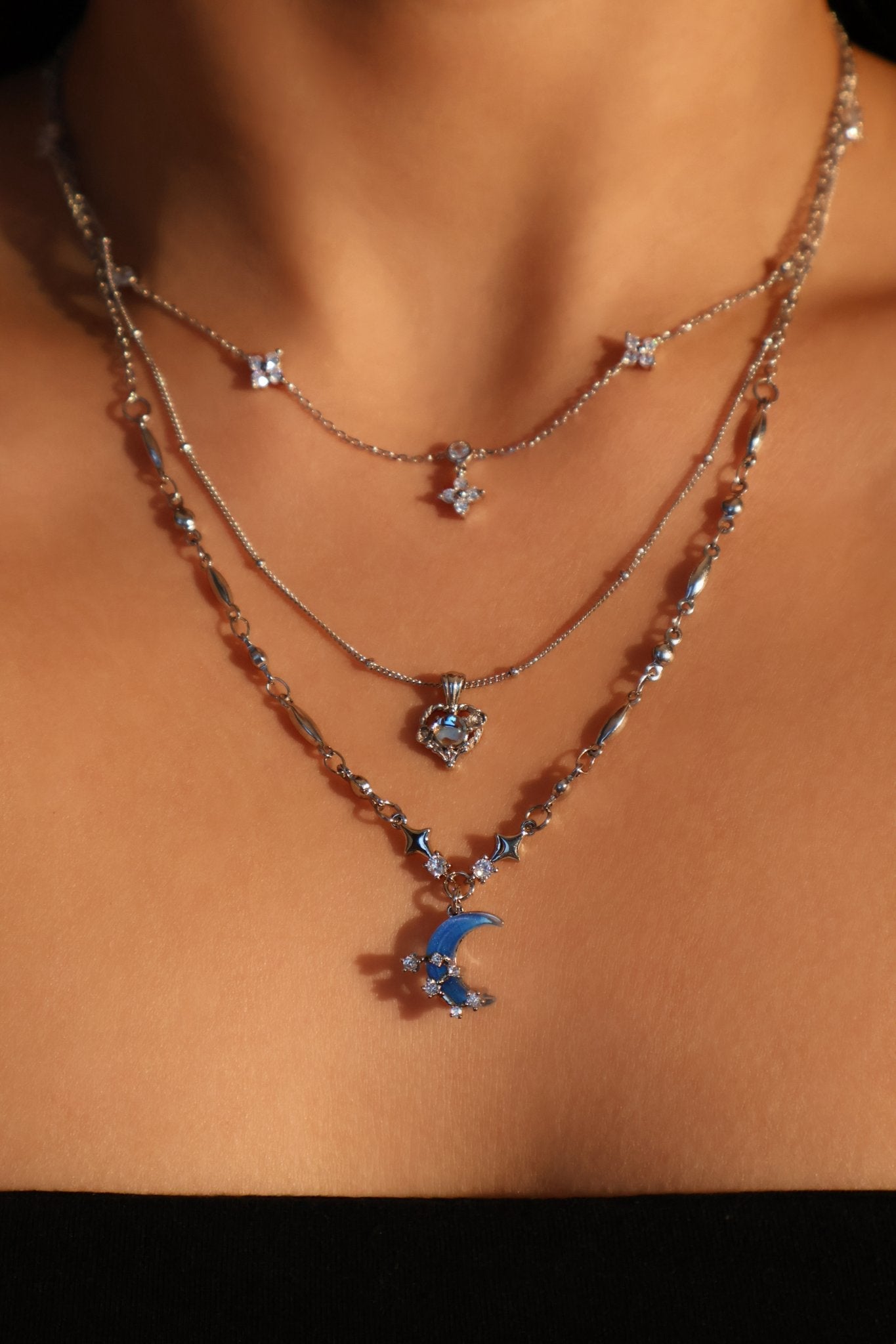 Moonstone Moon Necklace Trio Bundle
