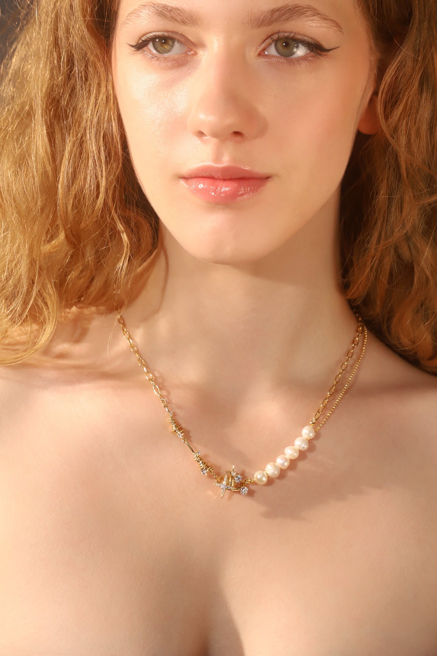 18K Real Gold Plated Diamond Saturn Star Pearl Necklace