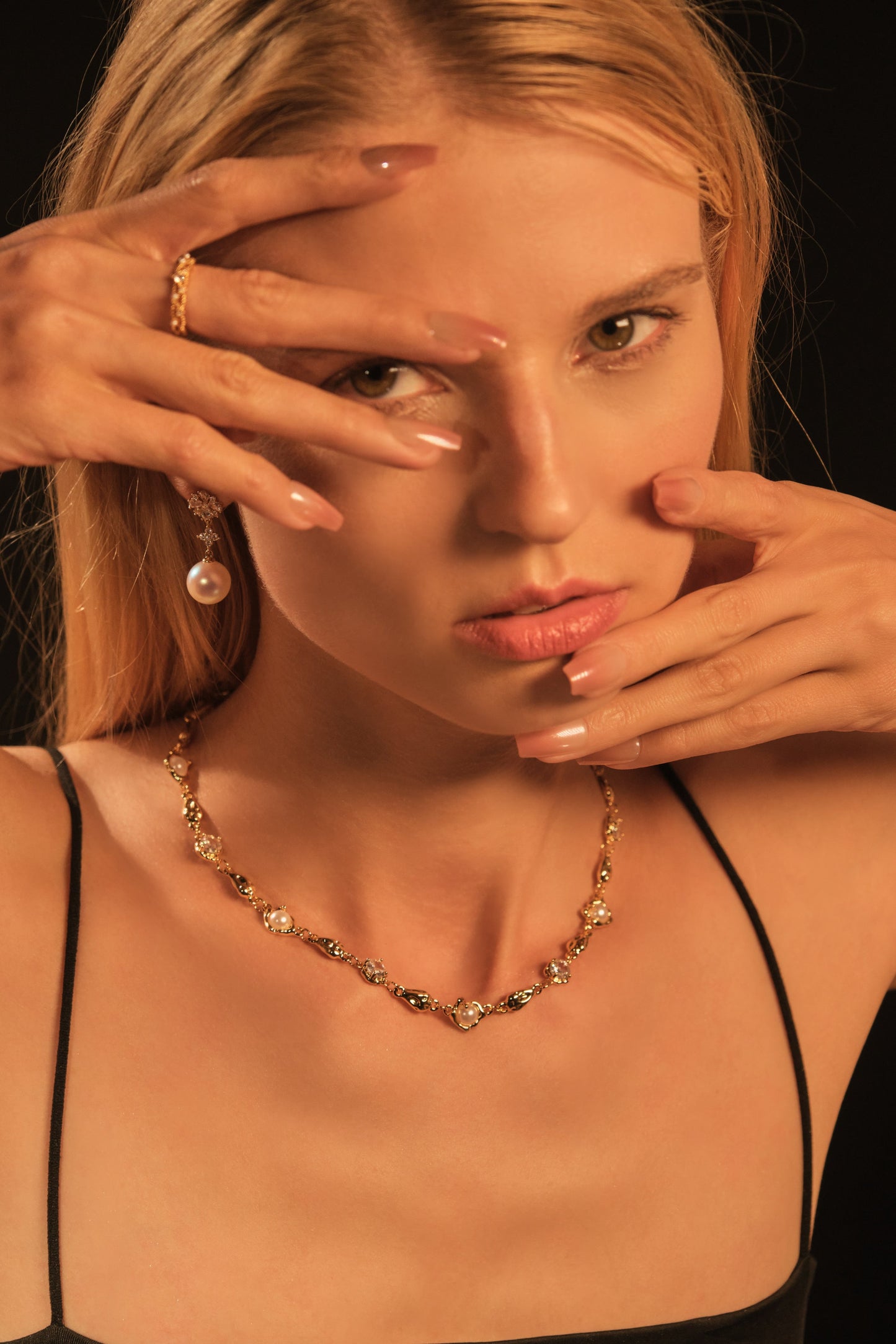 18K Real Gold Plated Multi Diamond Pearl Necklace