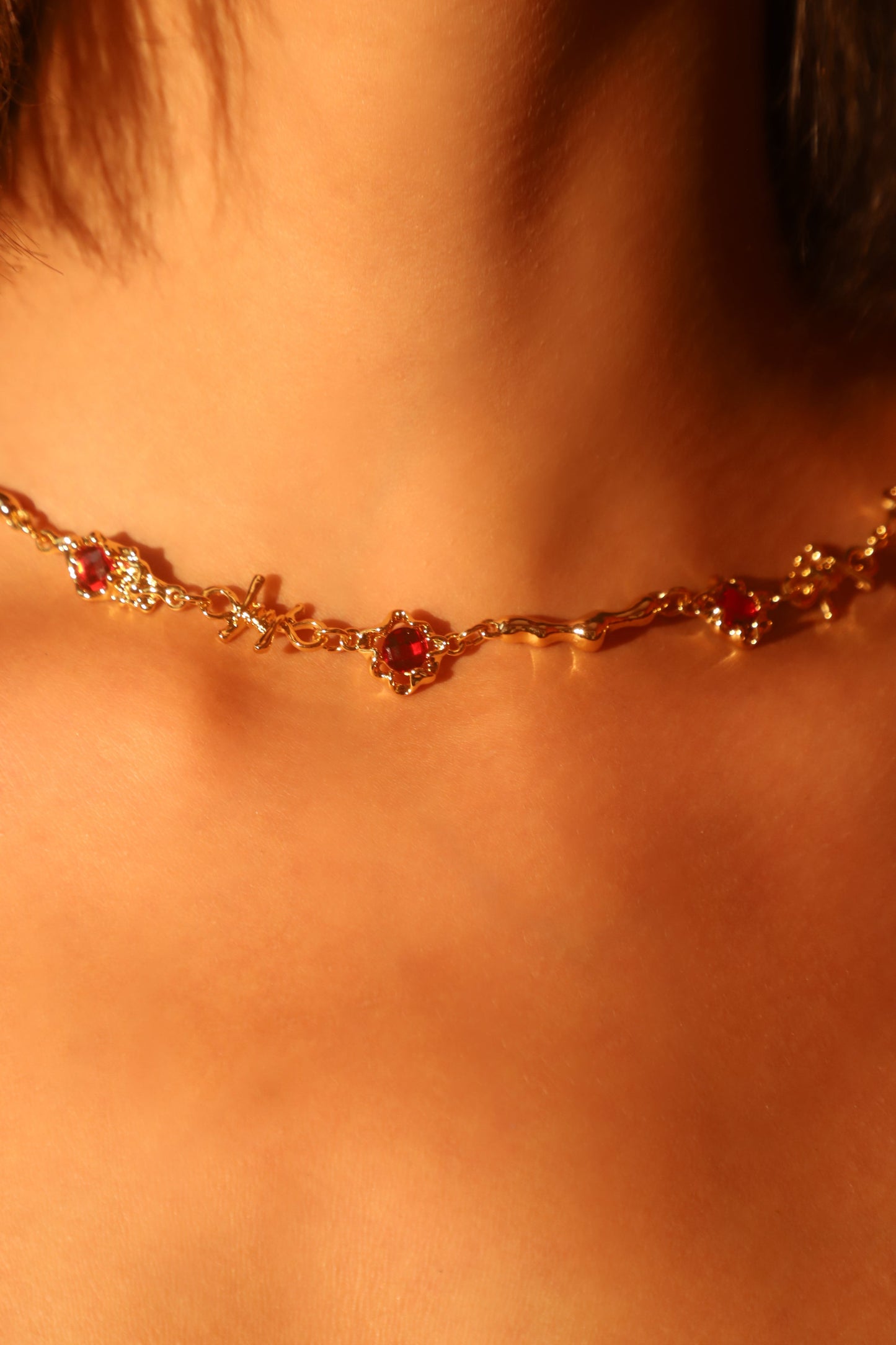 18K Real Gold Plated Multi Red Gem Twist Necklace